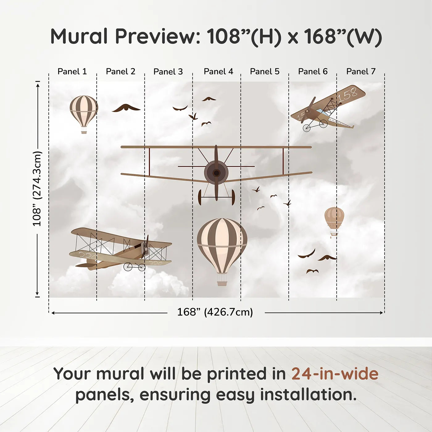 Whimsy Tots Vintage Sky Fleet Wall Mural in Browndimension view (108" H x 168" W). Printed in seven 24-inch-wide panels. Gender-Neutral
