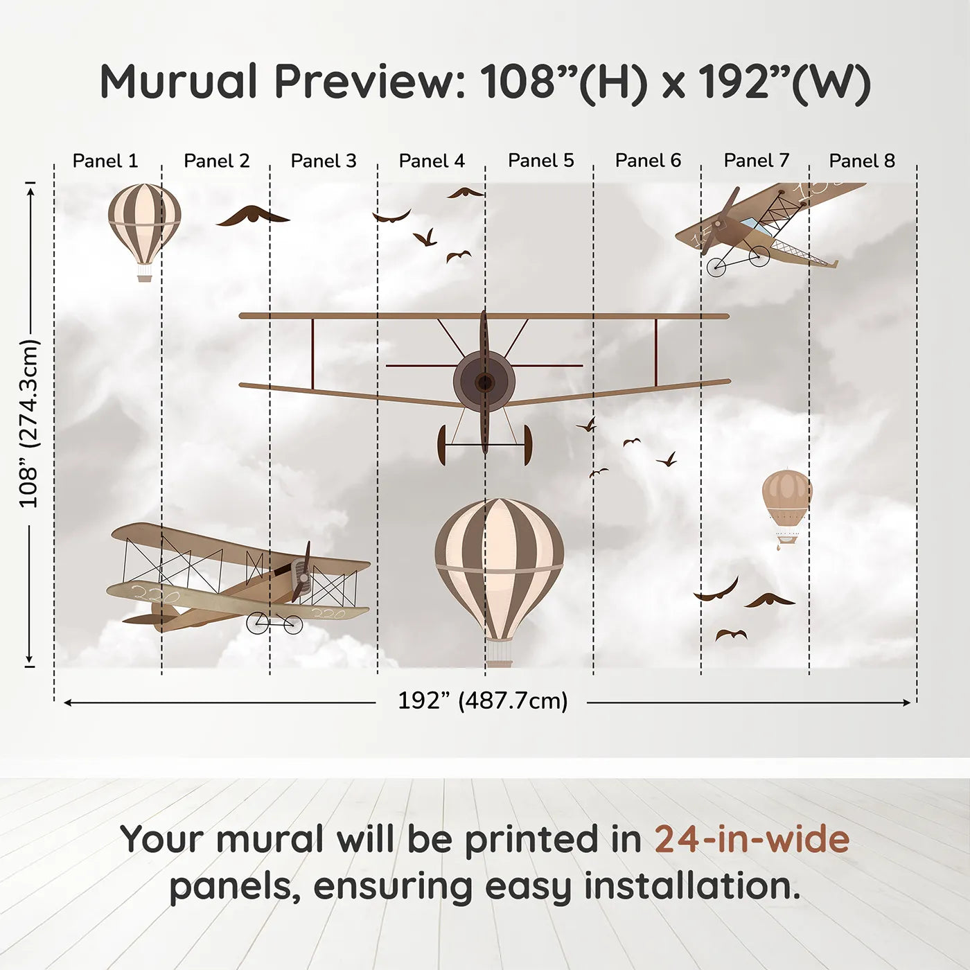 Whimsy Tots Vintage Sky Fleet Wall Mural in Browndimension view (108" H x 192" W). Printed in eight 24-inch-wide panels. Gender-Neutral