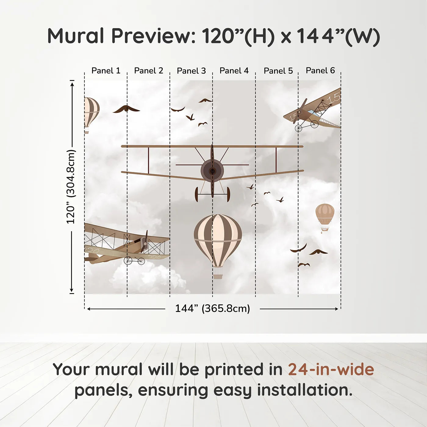 Whimsy Tots Vintage Sky Fleet Wall Mural in Browndimension view (120" H x 144" W). Printed in six 24-inch-wide panels. Gender-Neutral