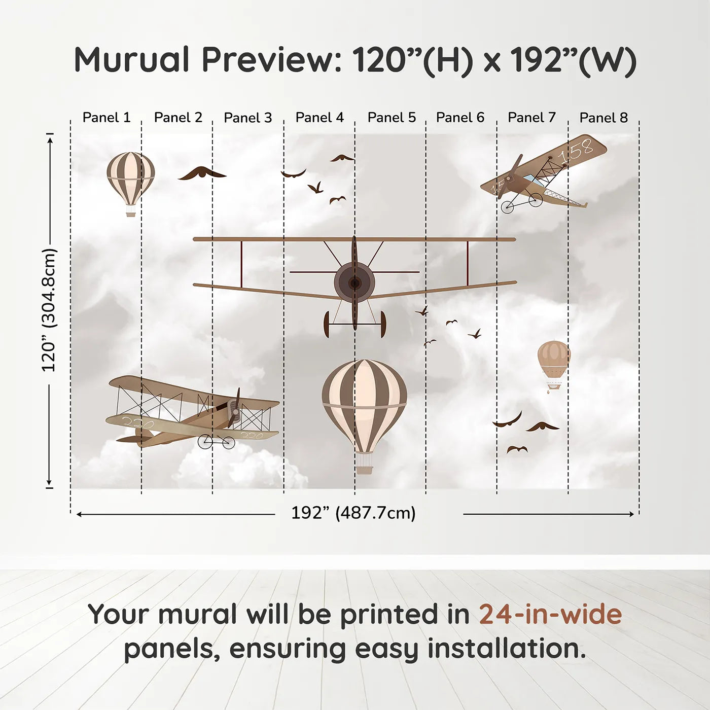 Whimsy Tots Vintage Sky Fleet Wall Mural in Browndimension view (120" H x 192" W). Printed in eight 24-inch-wide panels. Gender-Neutral