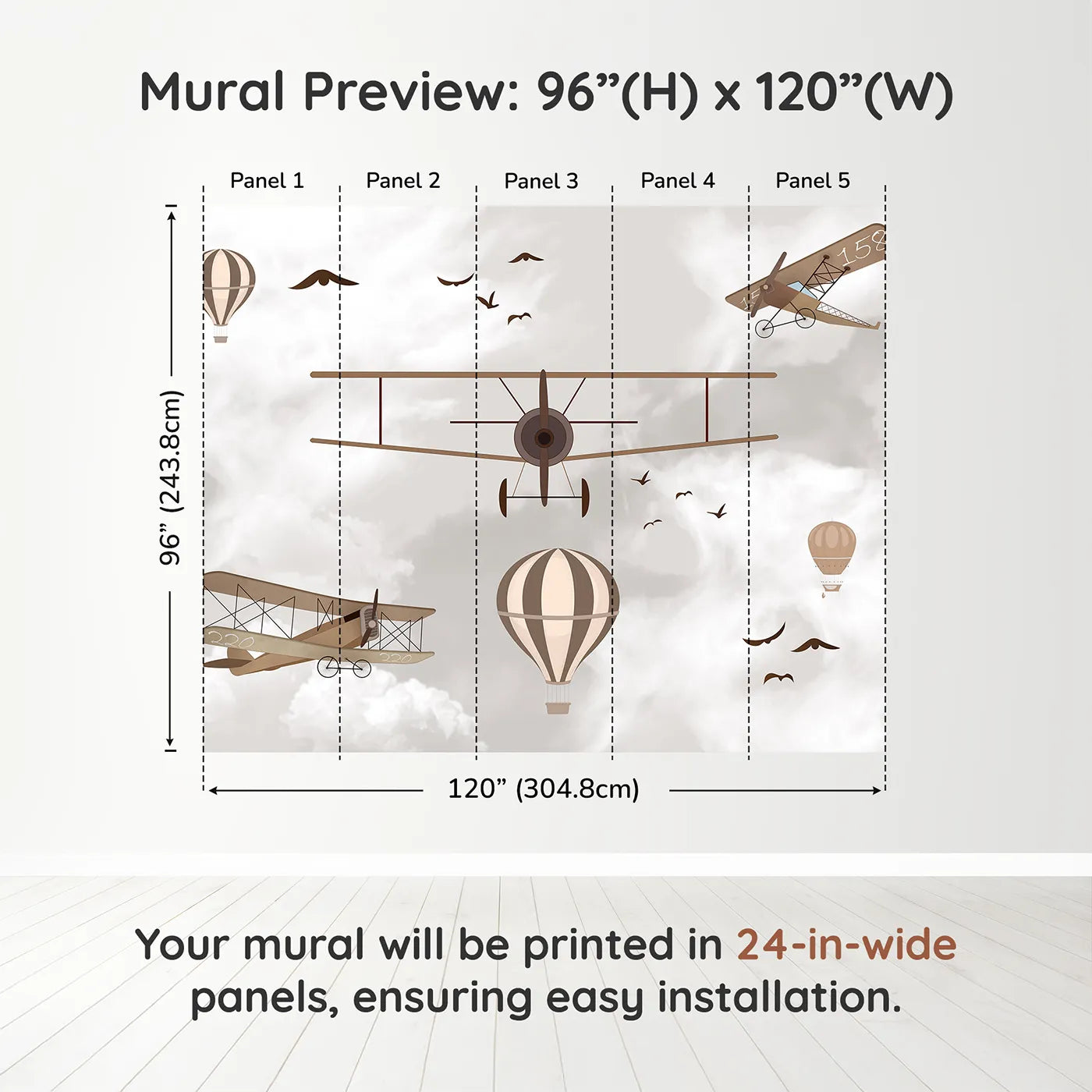 Whimsy Tots Vintage Sky Fleet Wall Mural in Browndimension view (96" H x 120" W). Printed in five 24-inch-wide panels. Gender-Neutral