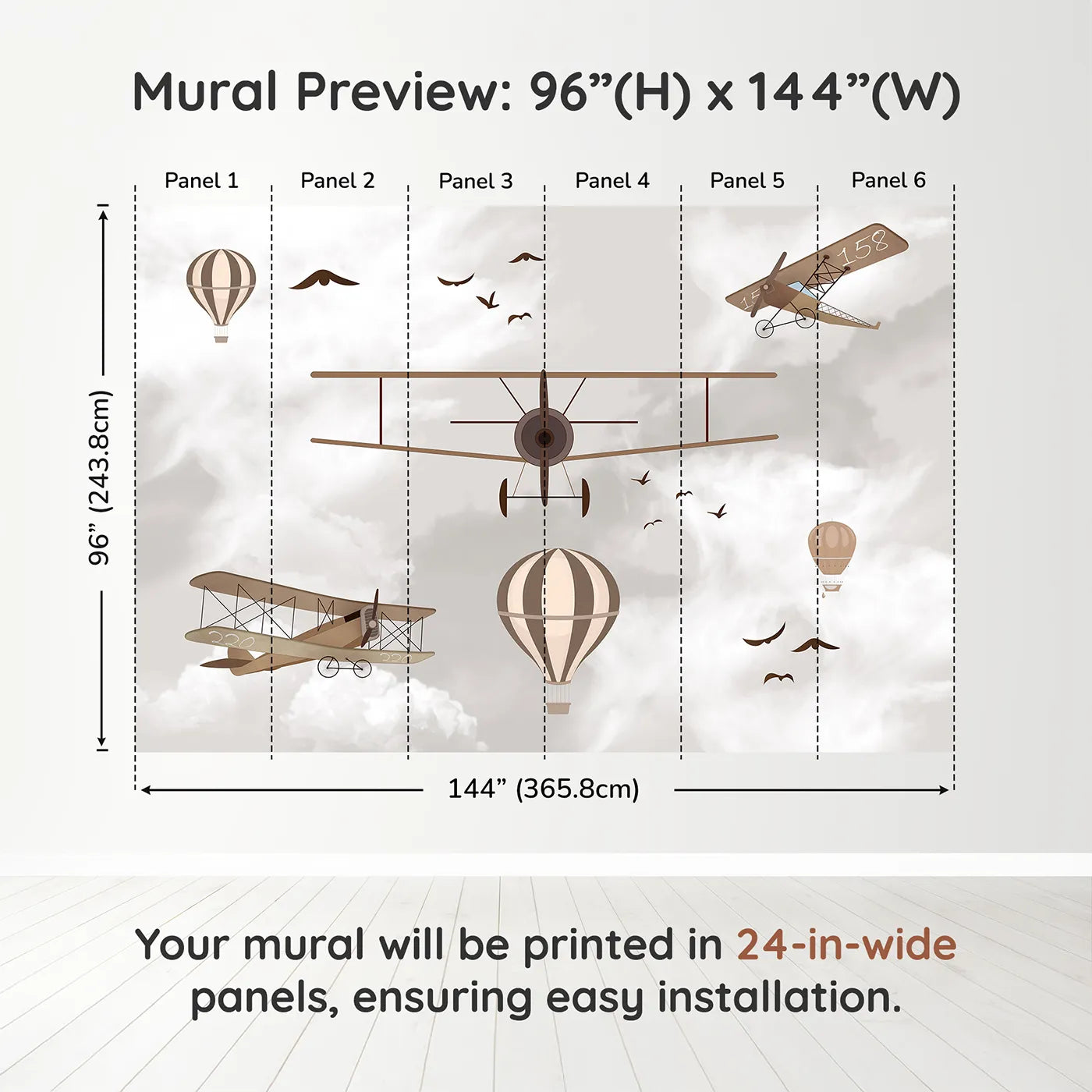 Whimsy Tots Vintage Sky Fleet Wall Mural in Browndimension view (96" H x 144" W). Printed in six 24-inch-wide panels. Gender-Neutral