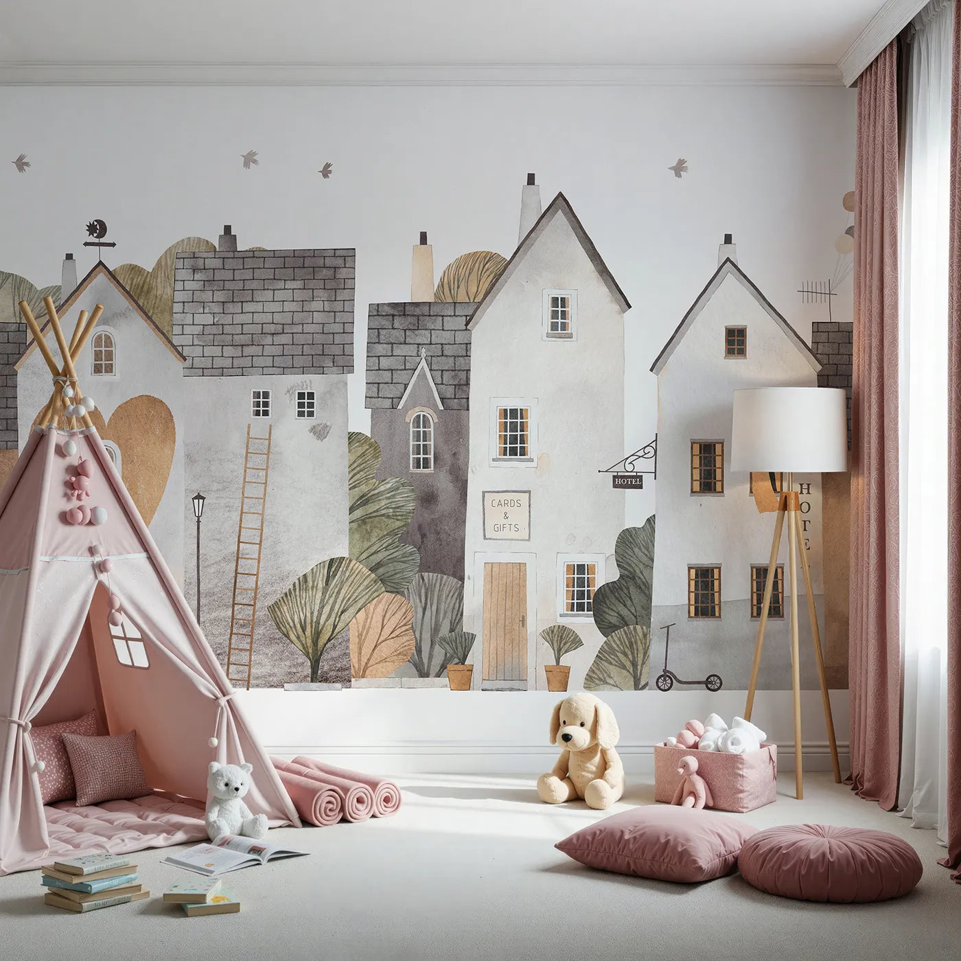 Front view of Whimsy Tots' Cozy Town Wall Mural