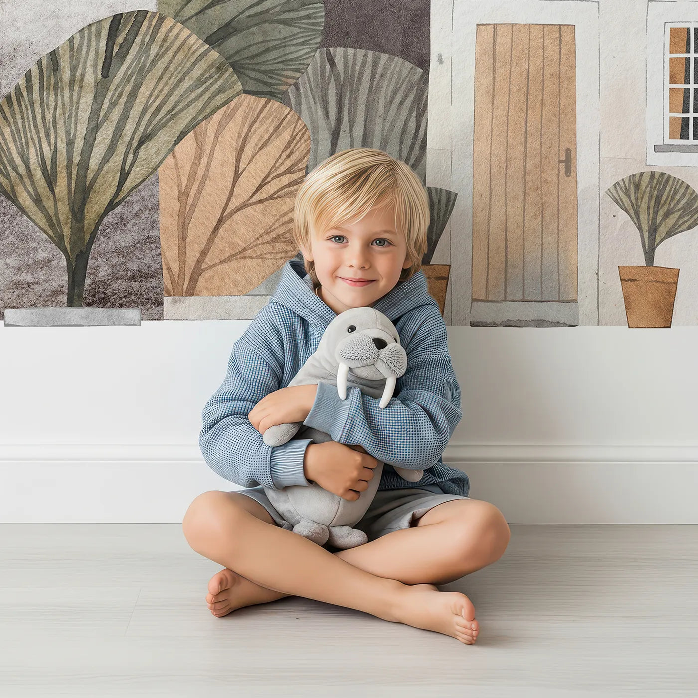 Child in front of Whimsy Tots Cozy Town Wall Mural with town, house, watercolor, rustic, village, european, brown, cozy in design.