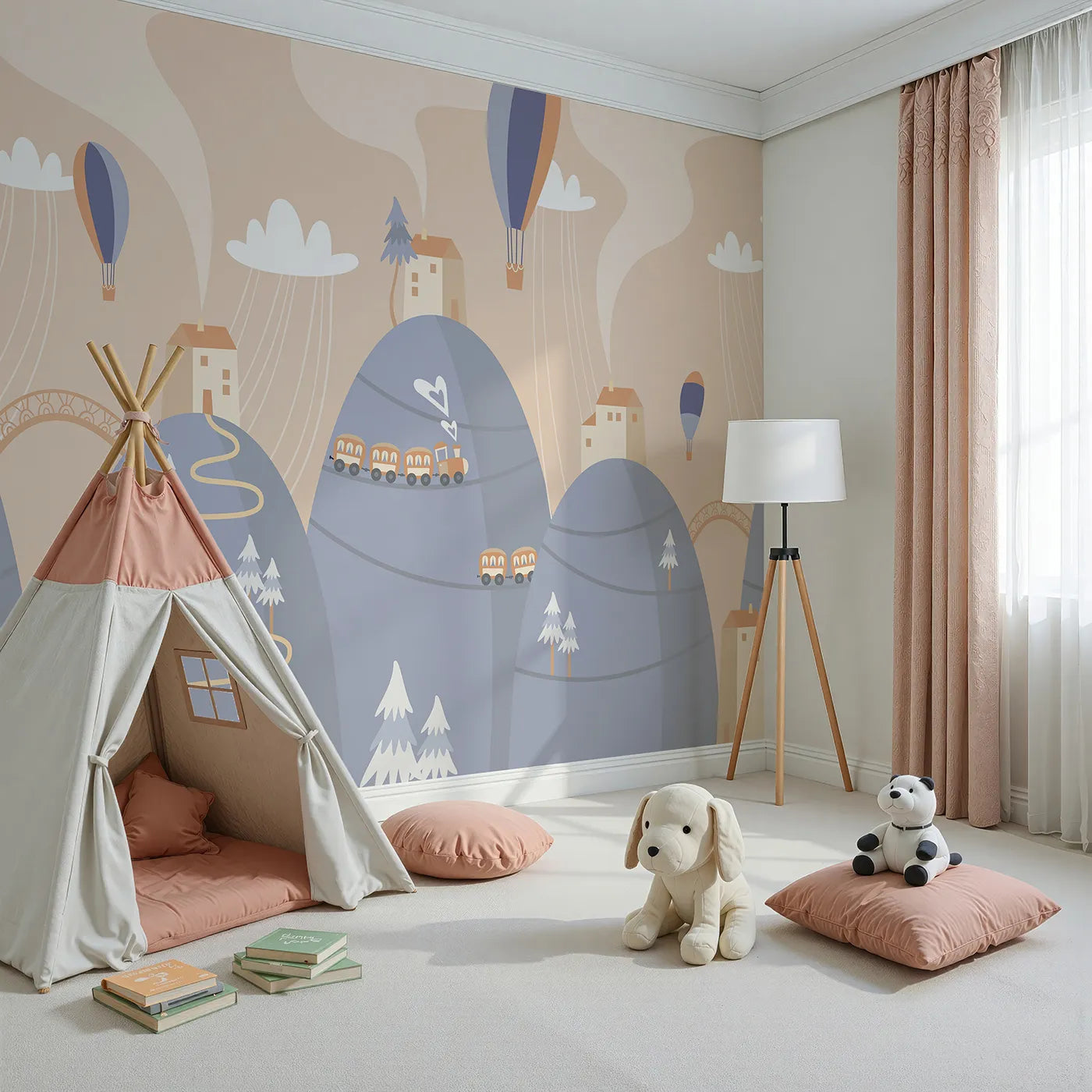 Angled view of Whimsy Tots' Mountain Train Adventure Wall Mural in Blue (Turn Their Room into a Scenic Hillside Journey).Gender-Neutral