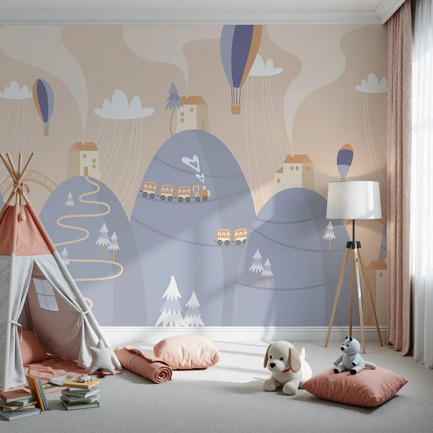 Front view of Whimsy Tots' Mountain Train Adventure Wall Mural in Blue