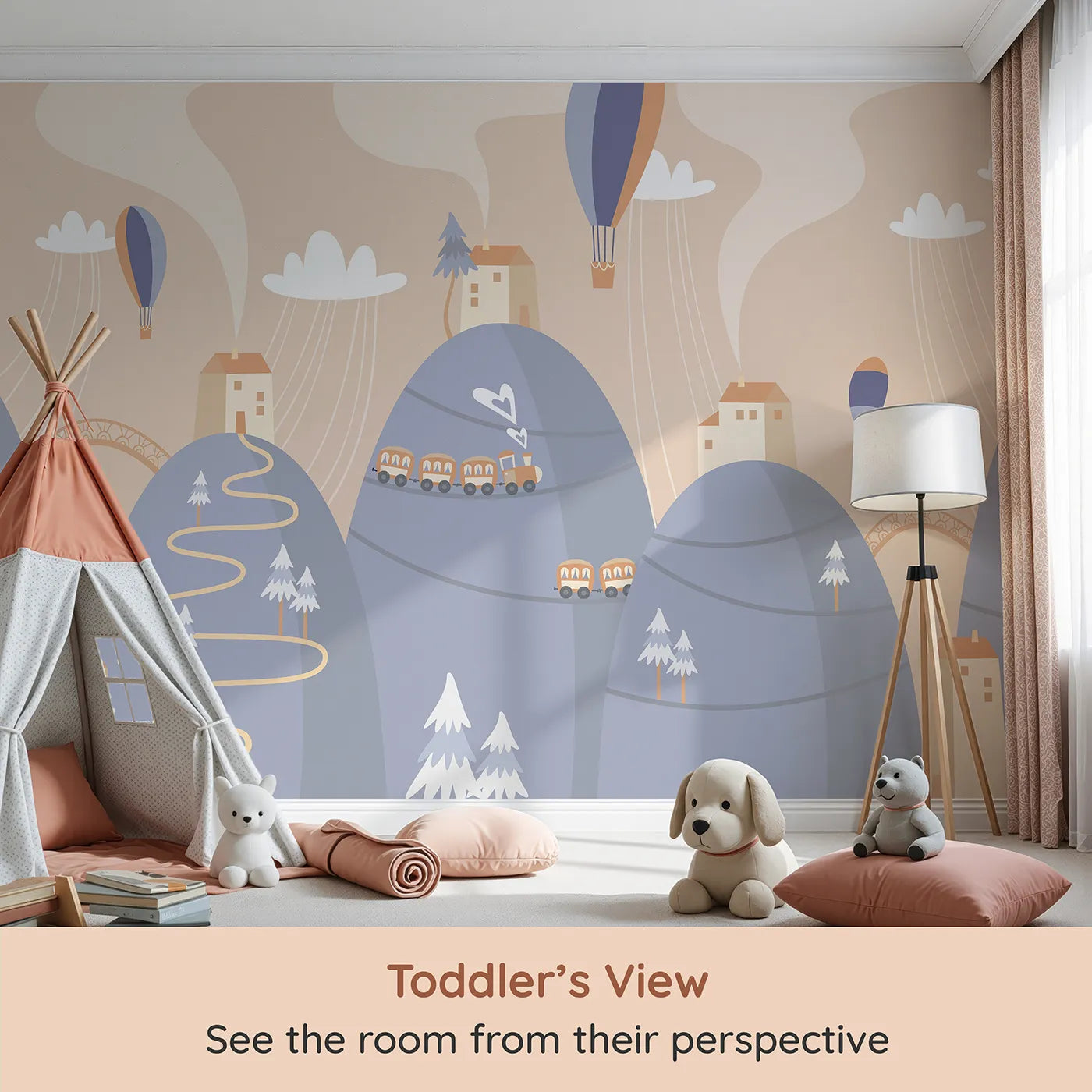 Whimsy Tots Mountain Train Adventure Wall Mural in Blue (Turn Their Room into a Scenic Hillside Journey) from your child's view.Gender-Neutral