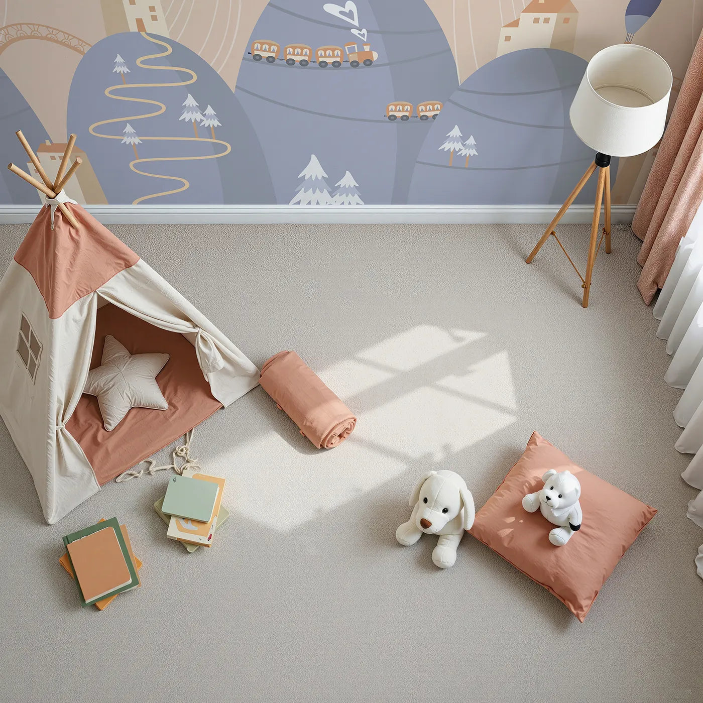 Top-down view of Whimsy Tots' Mountain Train Adventure Wall Mural in Blue (Turn Their Room into a Scenic Hillside Journey).Gender-Neutral