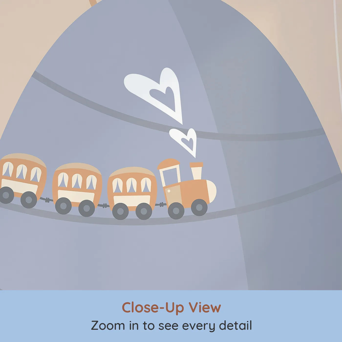 Close-up view of Whimsy Tots' Mountain Train Adventure Wall Mural in Blue (Turn Their Room into a Scenic Hillside Journey).Gender-Neutral