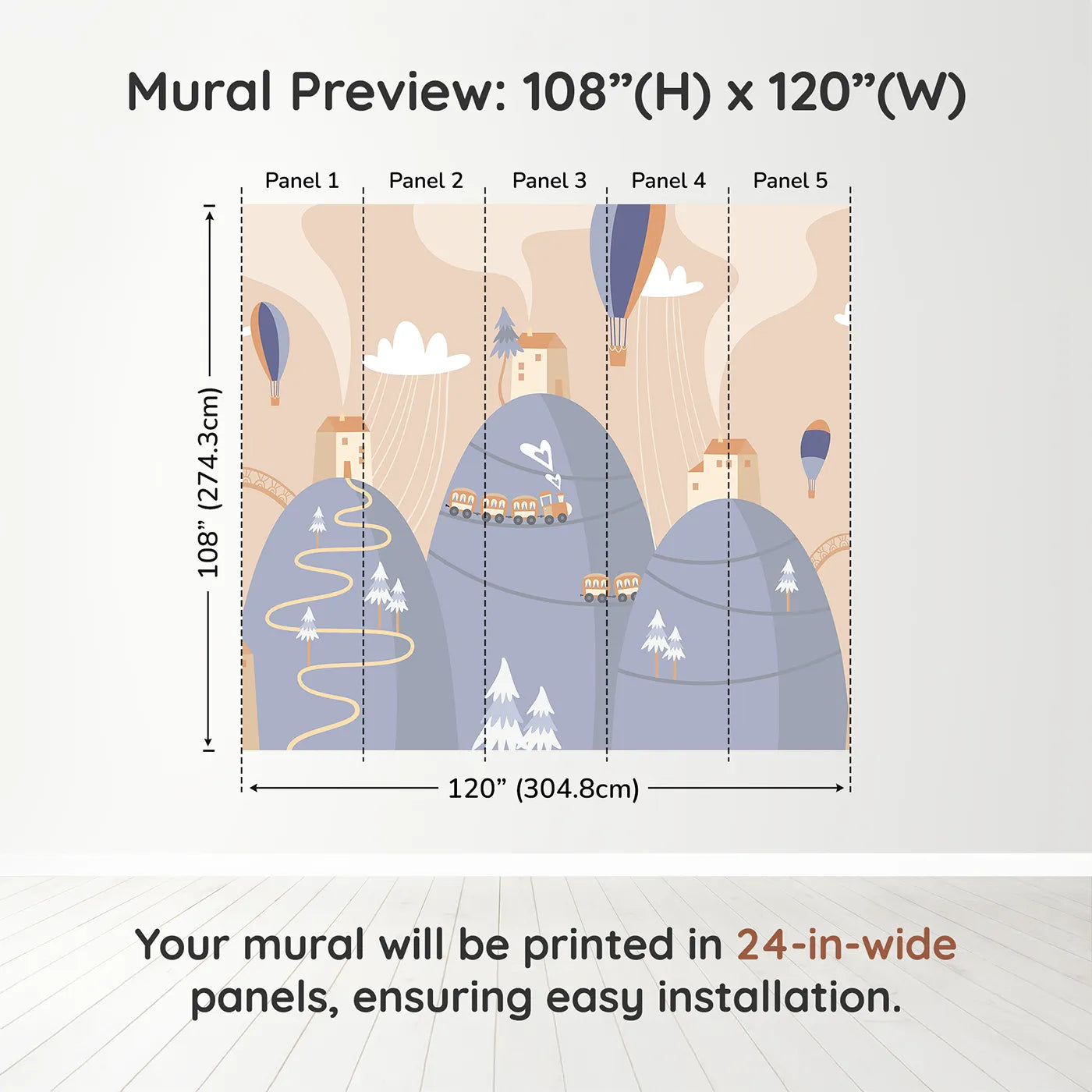 Whimsy Tots Mountain Train Adventure Wall Mural in Bluedimension view (108" H x 120" W). Printed in five 24-inch-wide panels. Gender-Neutral