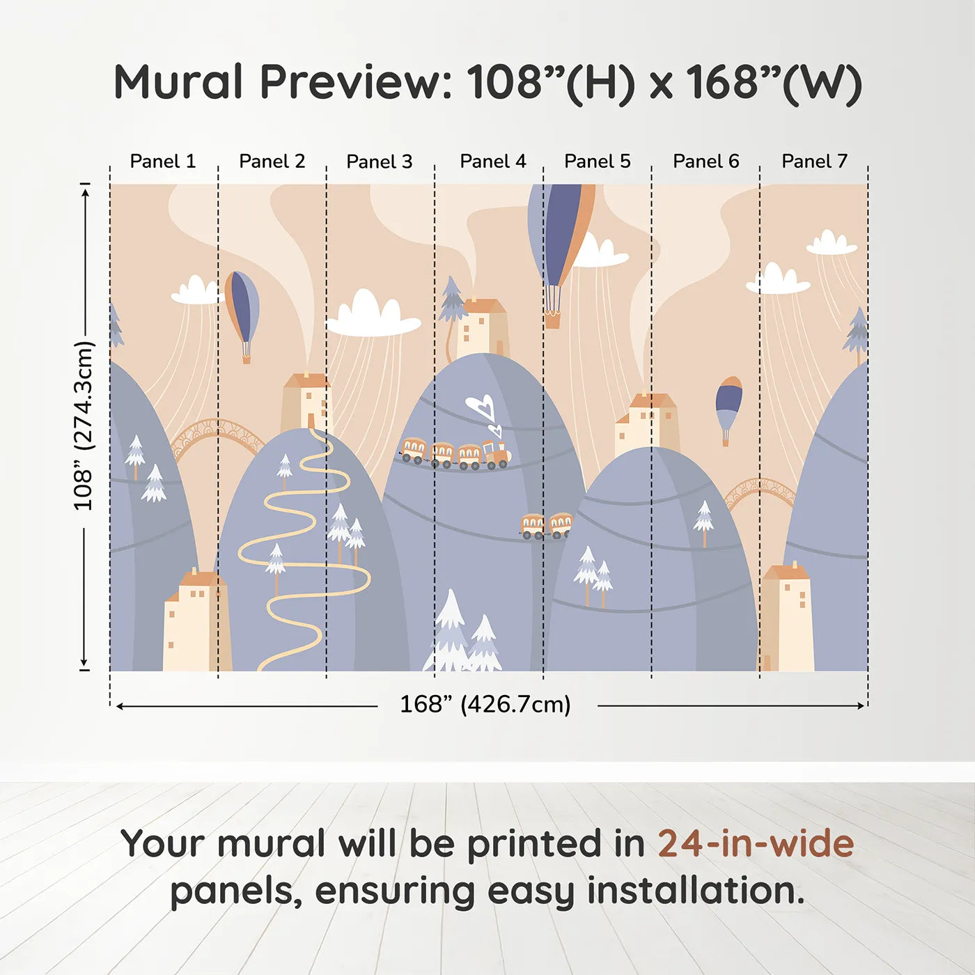 Whimsy Tots Mountain Train Adventure Wall Mural in Bluedimension view (108" H x 168" W). Printed in seven 24-inch-wide panels. Gender-Neutral