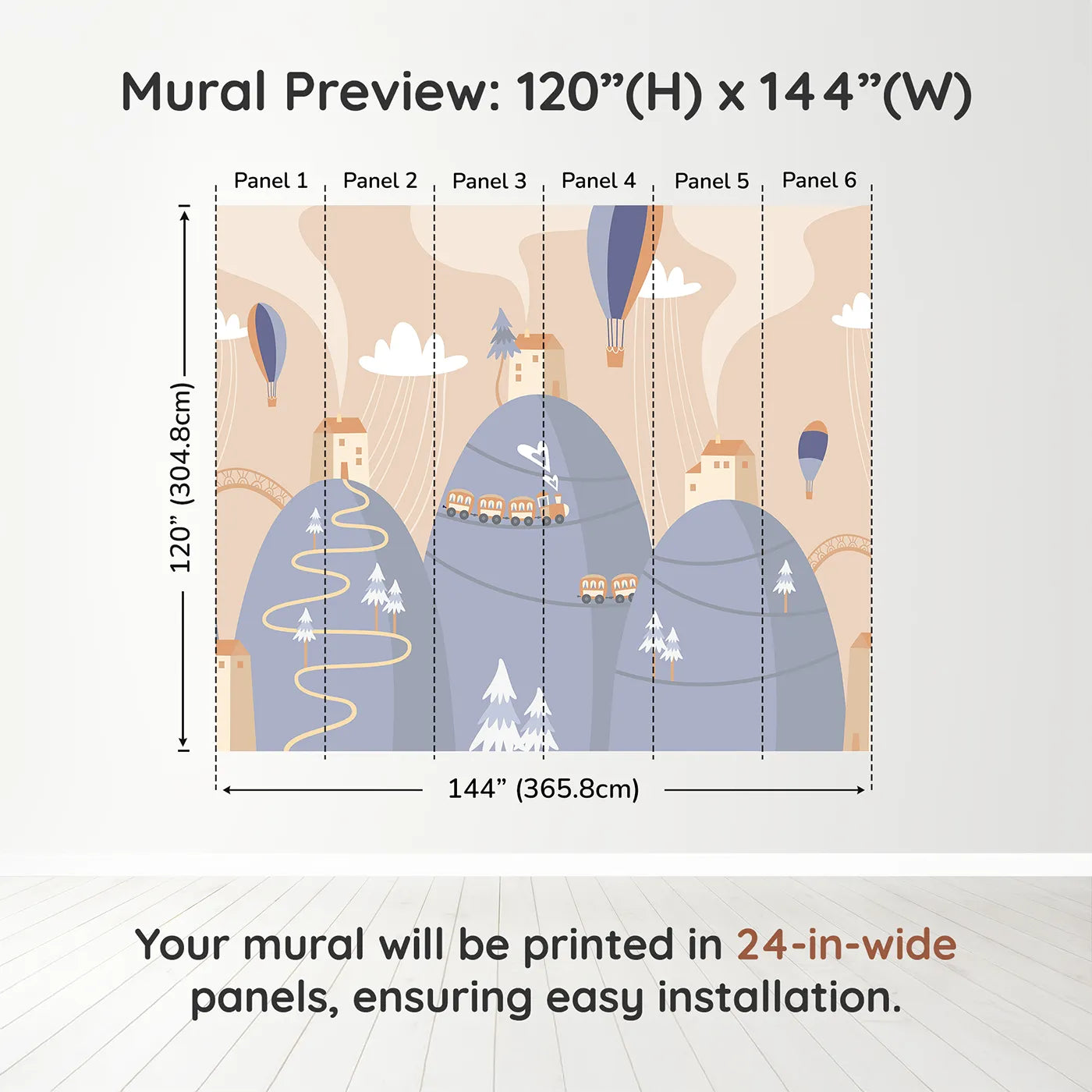 Whimsy Tots Mountain Train Adventure Wall Mural in Bluedimension view (120" H x 144" W). Printed in six 24-inch-wide panels. Gender-Neutral