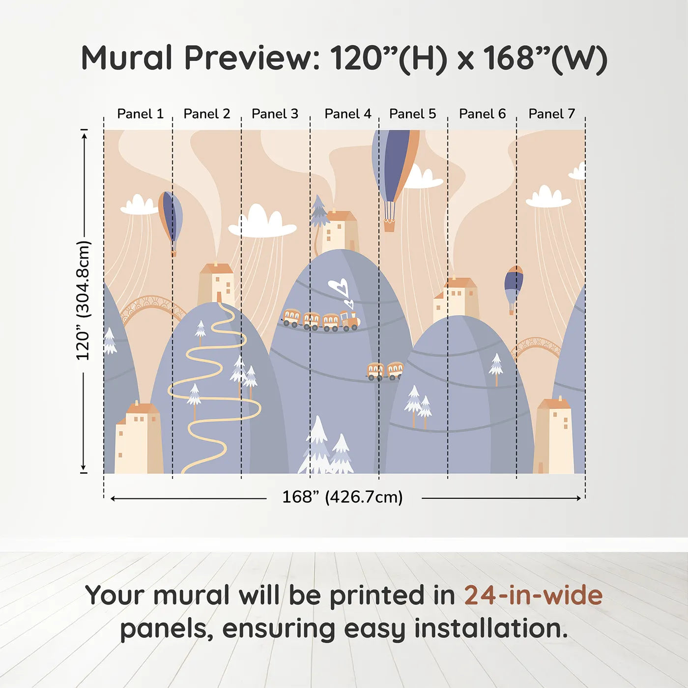 Whimsy Tots Mountain Train Adventure Wall Mural in Bluedimension view (120" H x 168" W). Printed in seven 24-inch-wide panels. Gender-Neutral