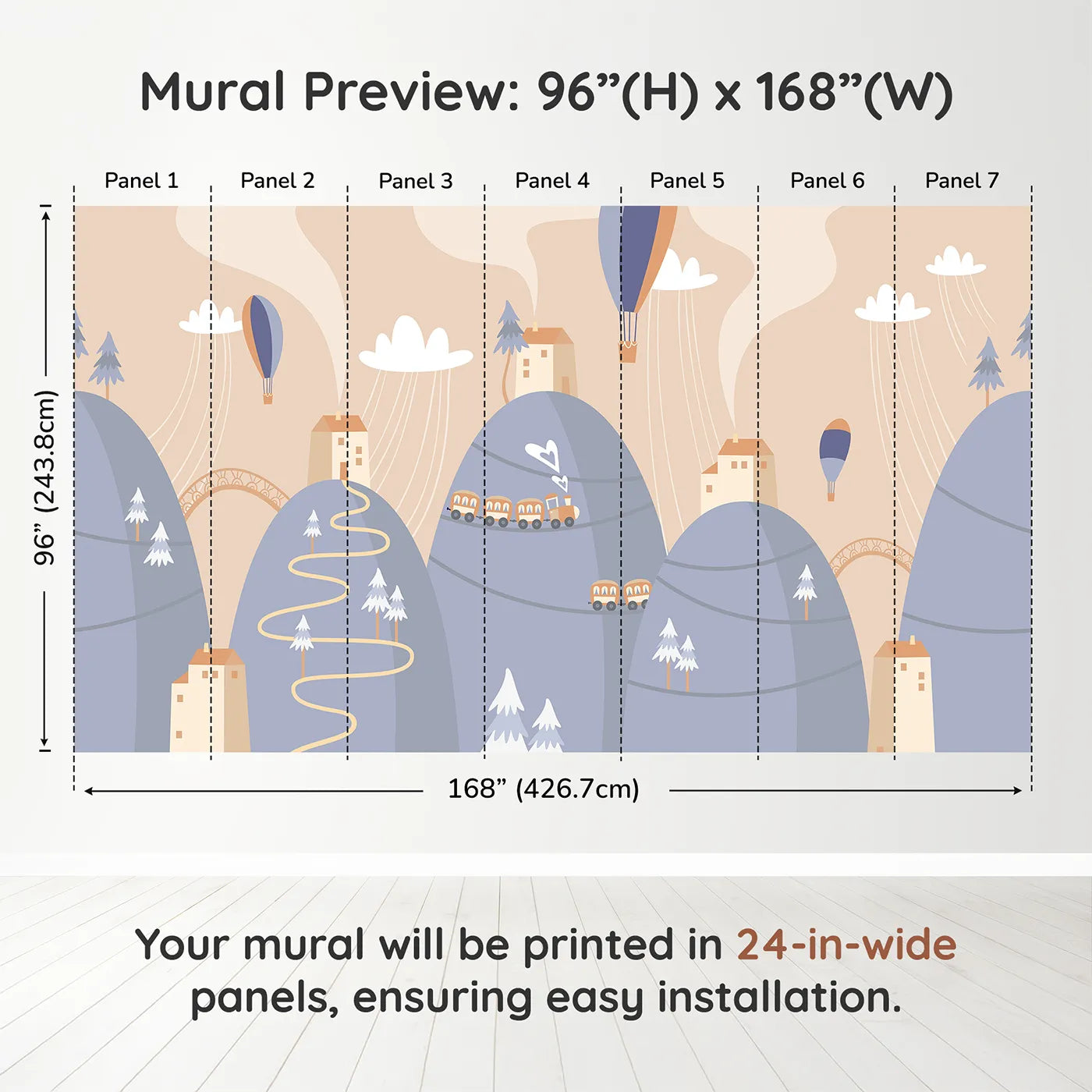 Whimsy Tots Mountain Train Adventure Wall Mural in Bluedimension view (96" H x 168" W). Printed in seven 24-inch-wide panels. Gender-Neutral