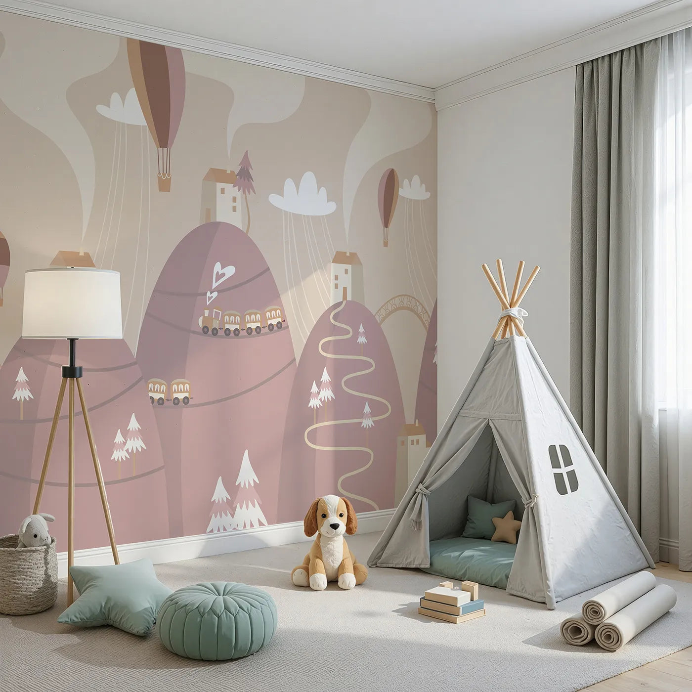 Angled view of Whimsy Tots' Mountain Train Adventure Wall Mural in Pink (Turn Their Room into a Scenic Hillside Journey).Gender-Neutral