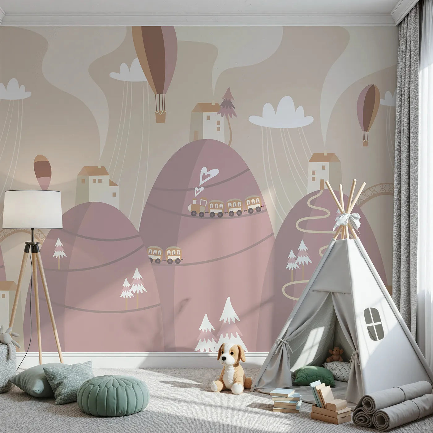 Front view of Whimsy Tots' Mountain Train Adventure Wall Mural in Pink
