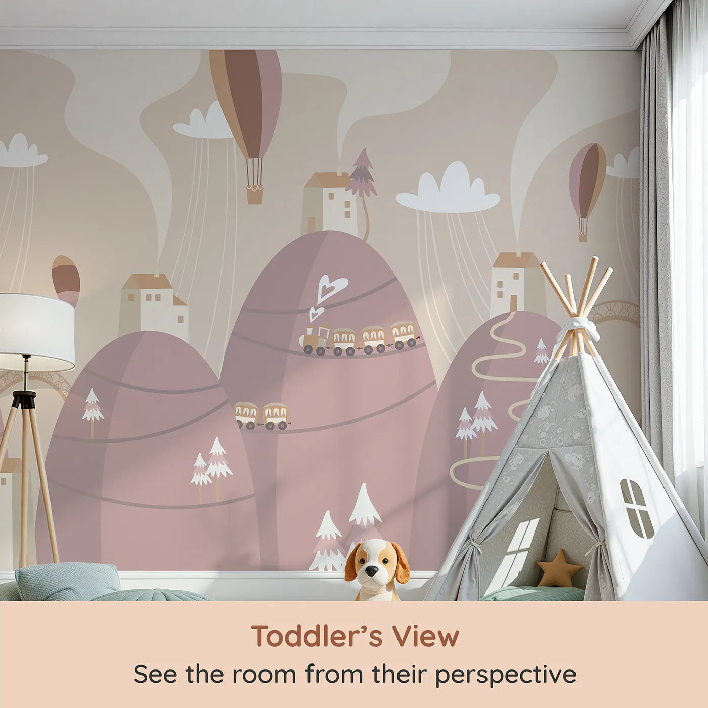 Whimsy Tots Mountain Train Adventure Wall Mural in Pink (Turn Their Room into a Scenic Hillside Journey) from your child's view.Gender-Neutral