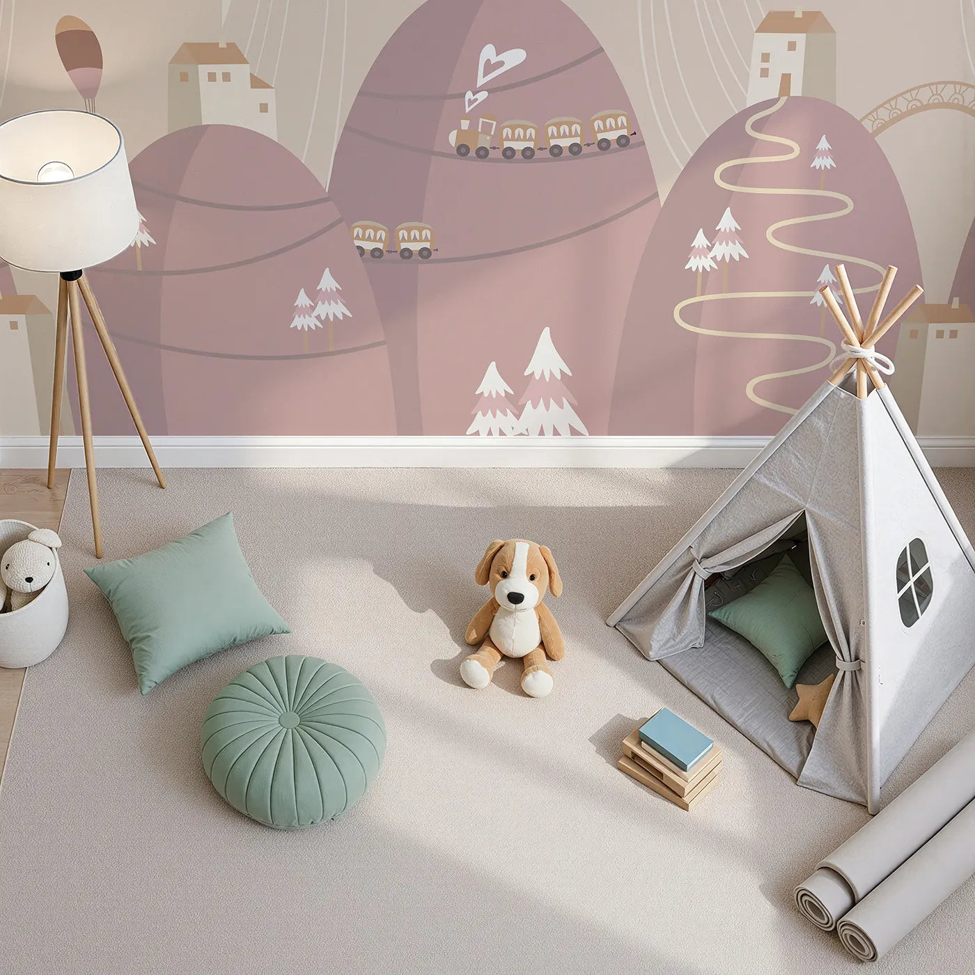 Top-down view of Whimsy Tots' Mountain Train Adventure Wall Mural in Pink (Turn Their Room into a Scenic Hillside Journey).Gender-Neutral