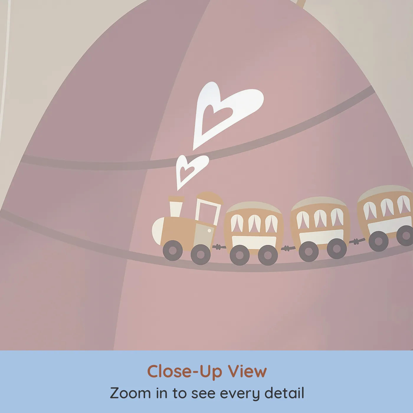 Close-up view of Whimsy Tots' Mountain Train Adventure Wall Mural in Pink (Turn Their Room into a Scenic Hillside Journey).Gender-Neutral