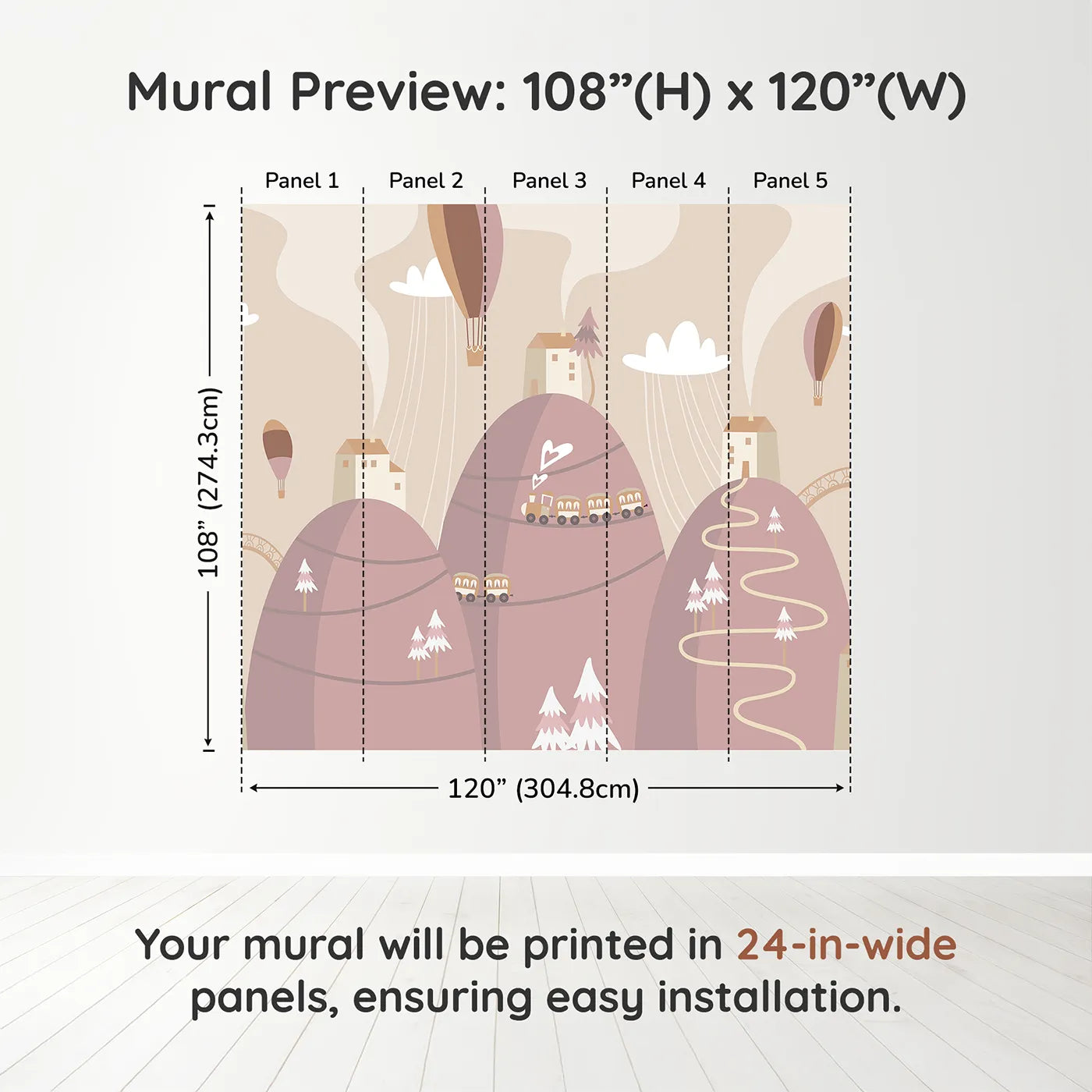 Whimsy Tots Mountain Train Adventure Wall Mural in Pinkdimension view (108" H x 120" W). Printed in five 24-inch-wide panels. Gender-Neutral