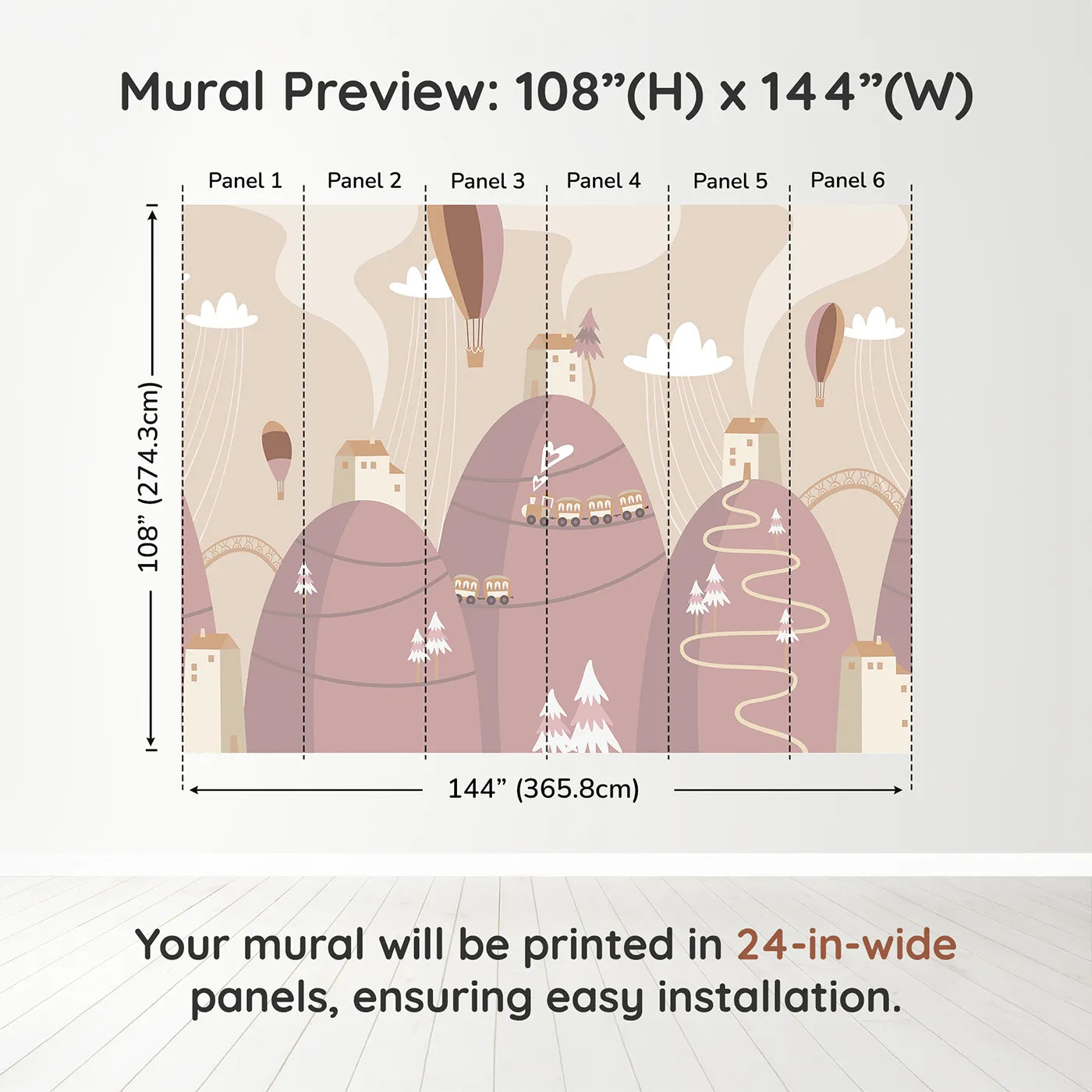 Whimsy Tots Mountain Train Adventure Wall Mural in Pinkdimension view (108" H x 144" W). Printed in six 24-inch-wide panels. Gender-Neutral