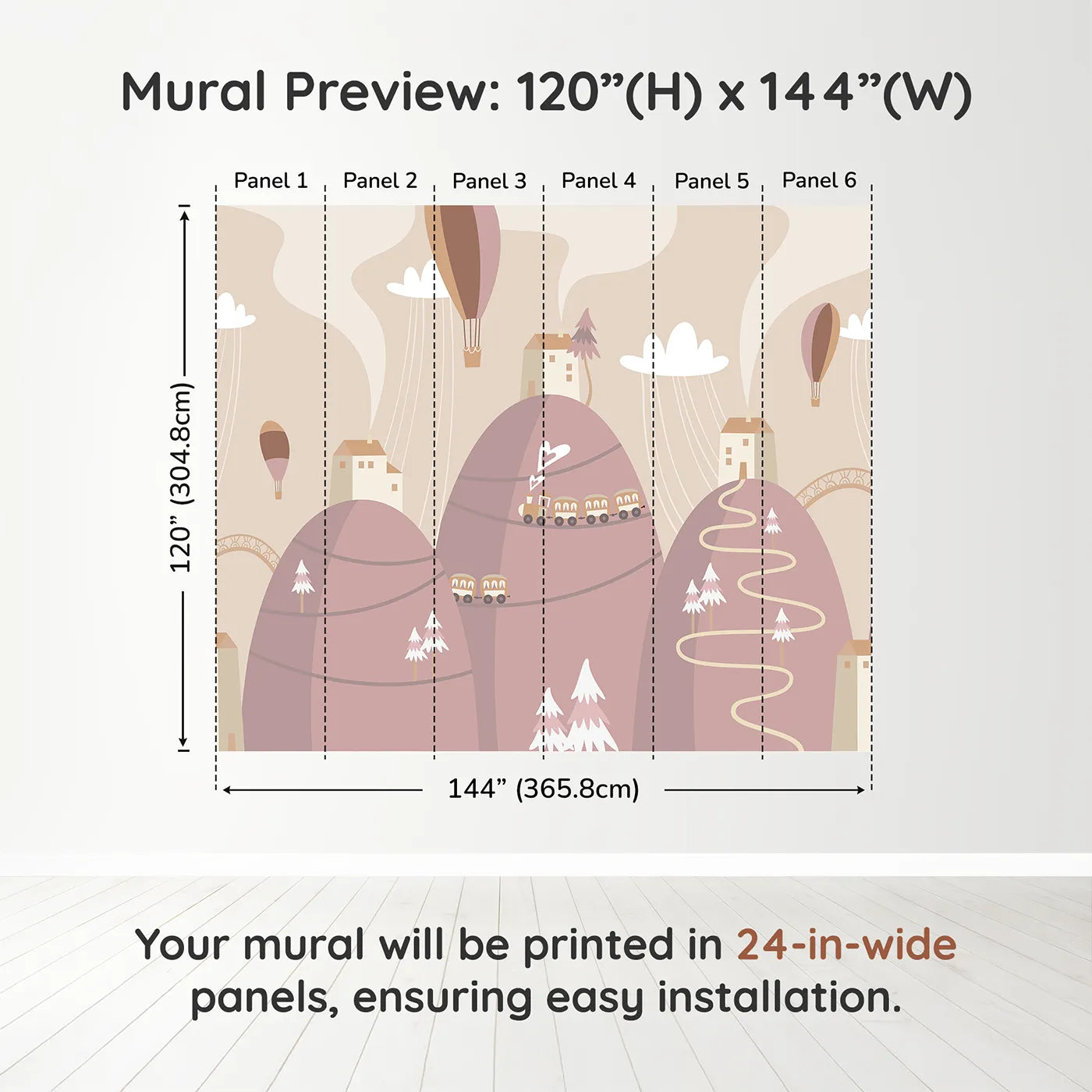 Whimsy Tots Mountain Train Adventure Wall Mural in Pinkdimension view (120" H x 144" W). Printed in six 24-inch-wide panels. Gender-Neutral