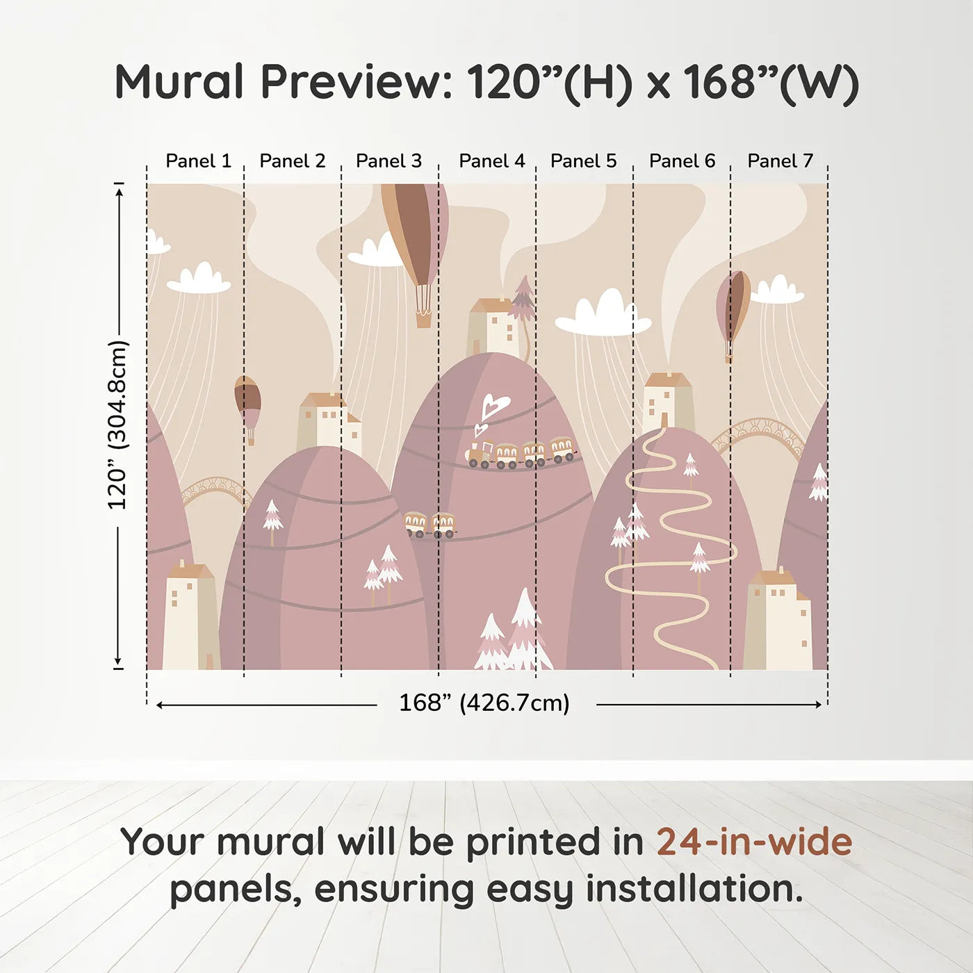 Whimsy Tots Mountain Train Adventure Wall Mural in Pinkdimension view (120" H x 168" W). Printed in seven 24-inch-wide panels. Gender-Neutral