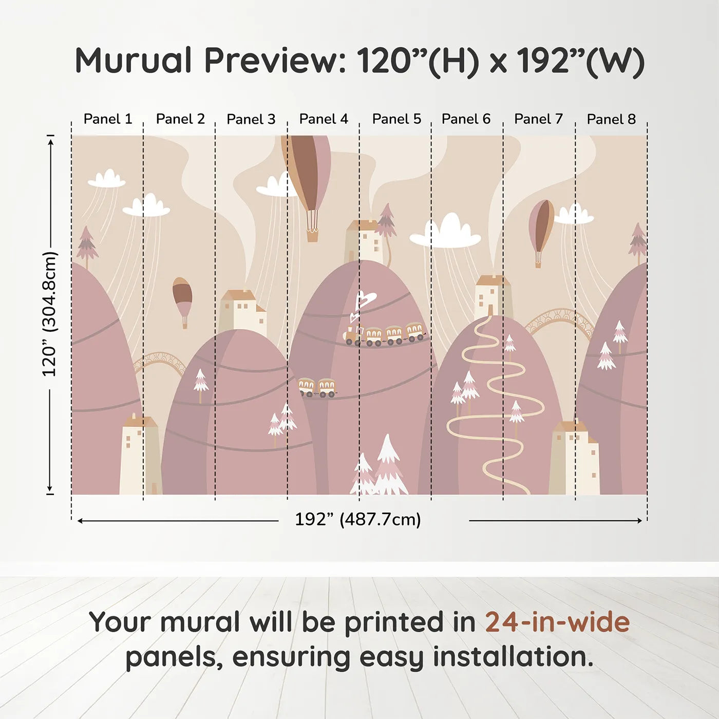 Whimsy Tots Mountain Train Adventure Wall Mural in Pinkdimension view (120" H x 192" W). Printed in eight 24-inch-wide panels. Gender-Neutral
