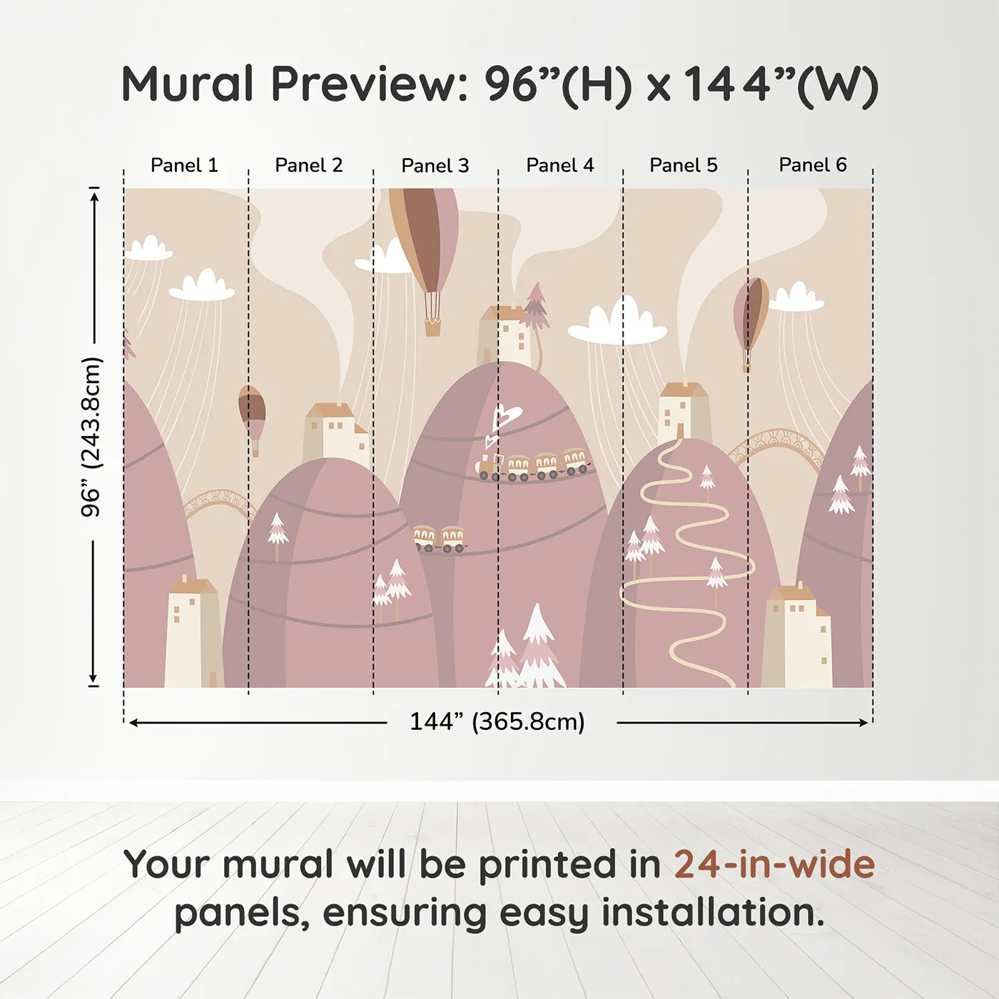 Whimsy Tots Mountain Train Adventure Wall Mural in Pinkdimension view (96" H x 144" W). Printed in six 24-inch-wide panels. Gender-Neutral
