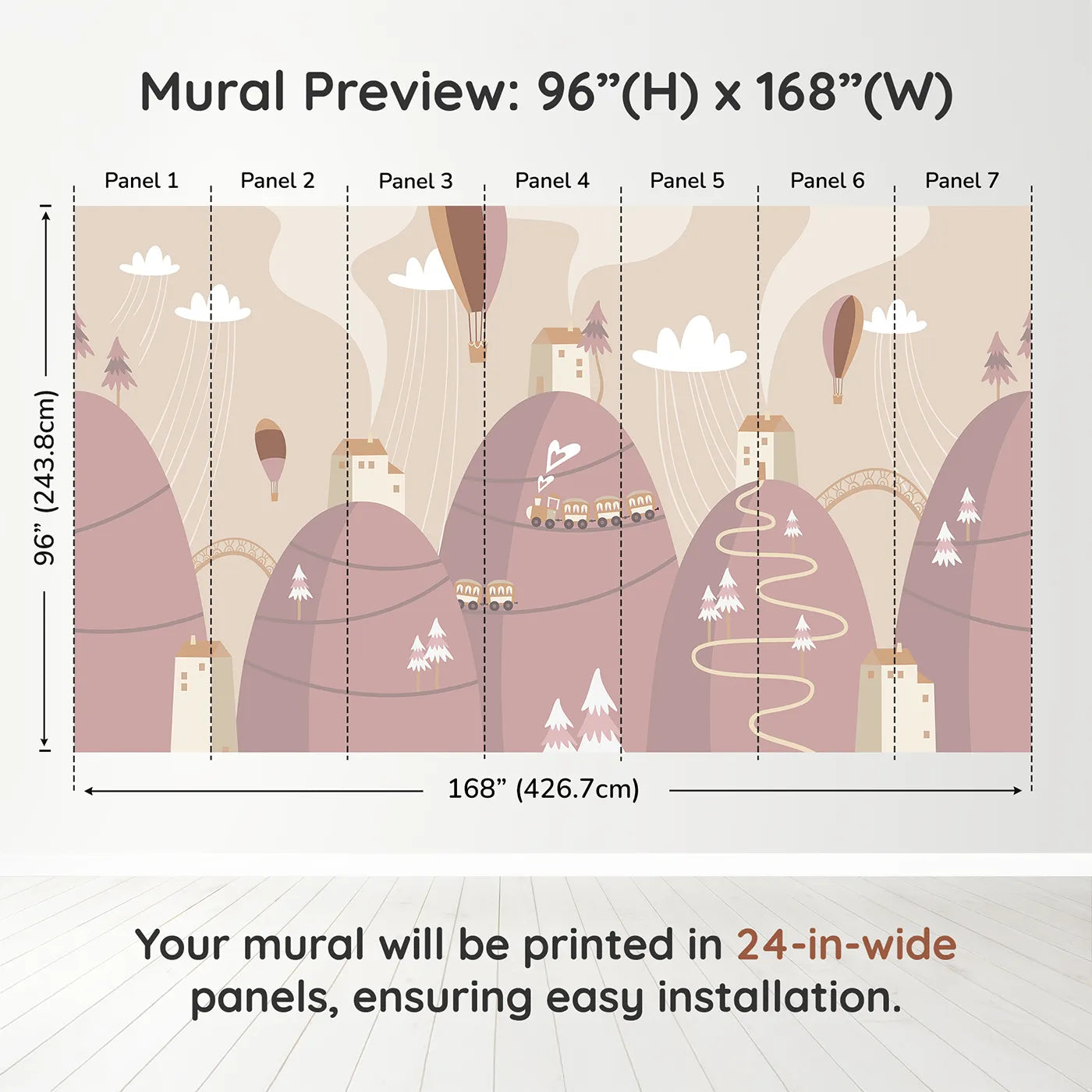 Whimsy Tots Mountain Train Adventure Wall Mural in Pinkdimension view (96" H x 168" W). Printed in seven 24-inch-wide panels. Gender-Neutral