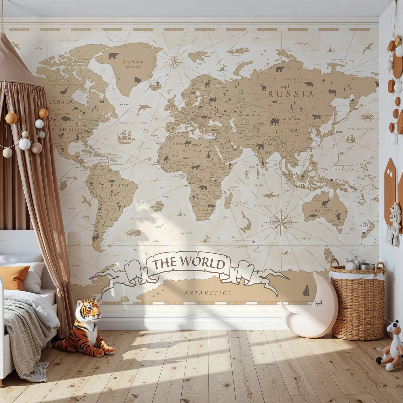 Front view of Whimsy Tots' Vintage World Map Wall Mural
