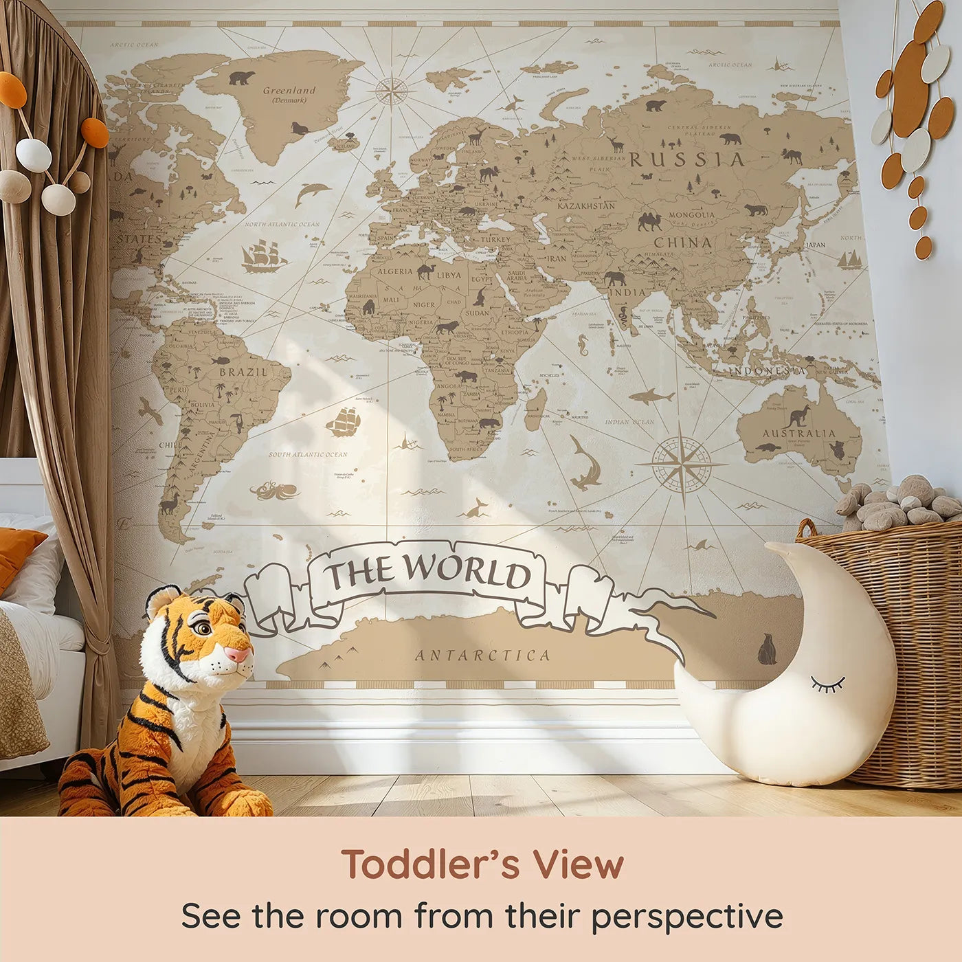 Whimsy Tots Vintage World Map Wall Mural (Turn Their Room into a Classic Explorer's Chart Room) from your child's view.Gender-Neutral