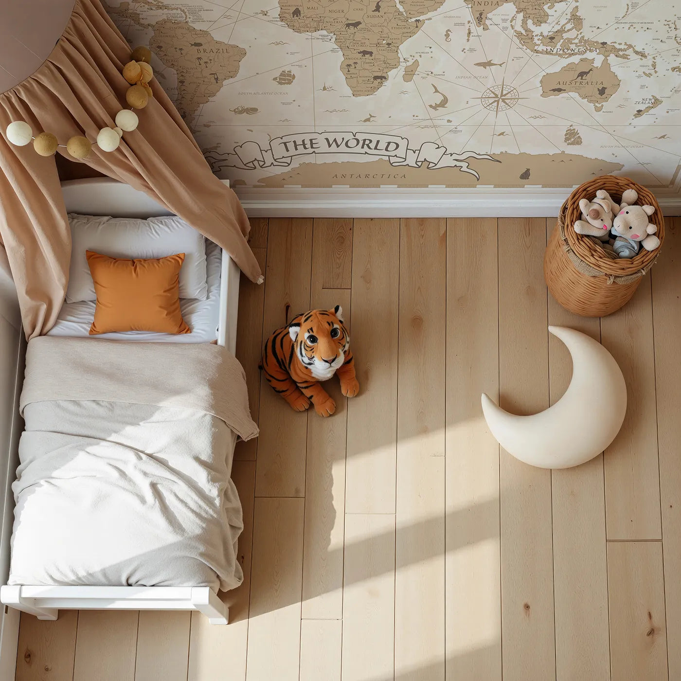 Top-down view of Whimsy Tots' Vintage World Map Wall Mural (Turn Their Room into a Classic Explorer's Chart Room).Gender-Neutral