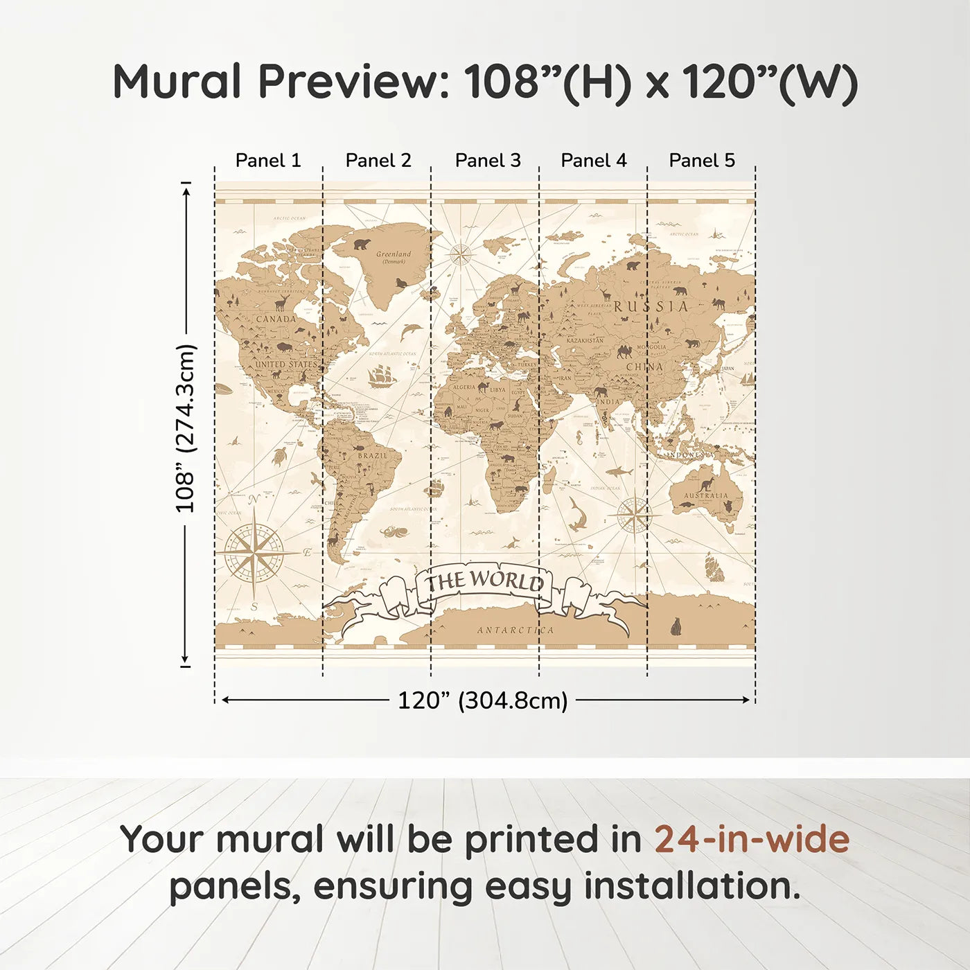 Whimsy Tots Vintage World Map Wall Muraldimension view (108" H x 120" W). Printed in five 24-inch-wide panels. Gender-Neutral