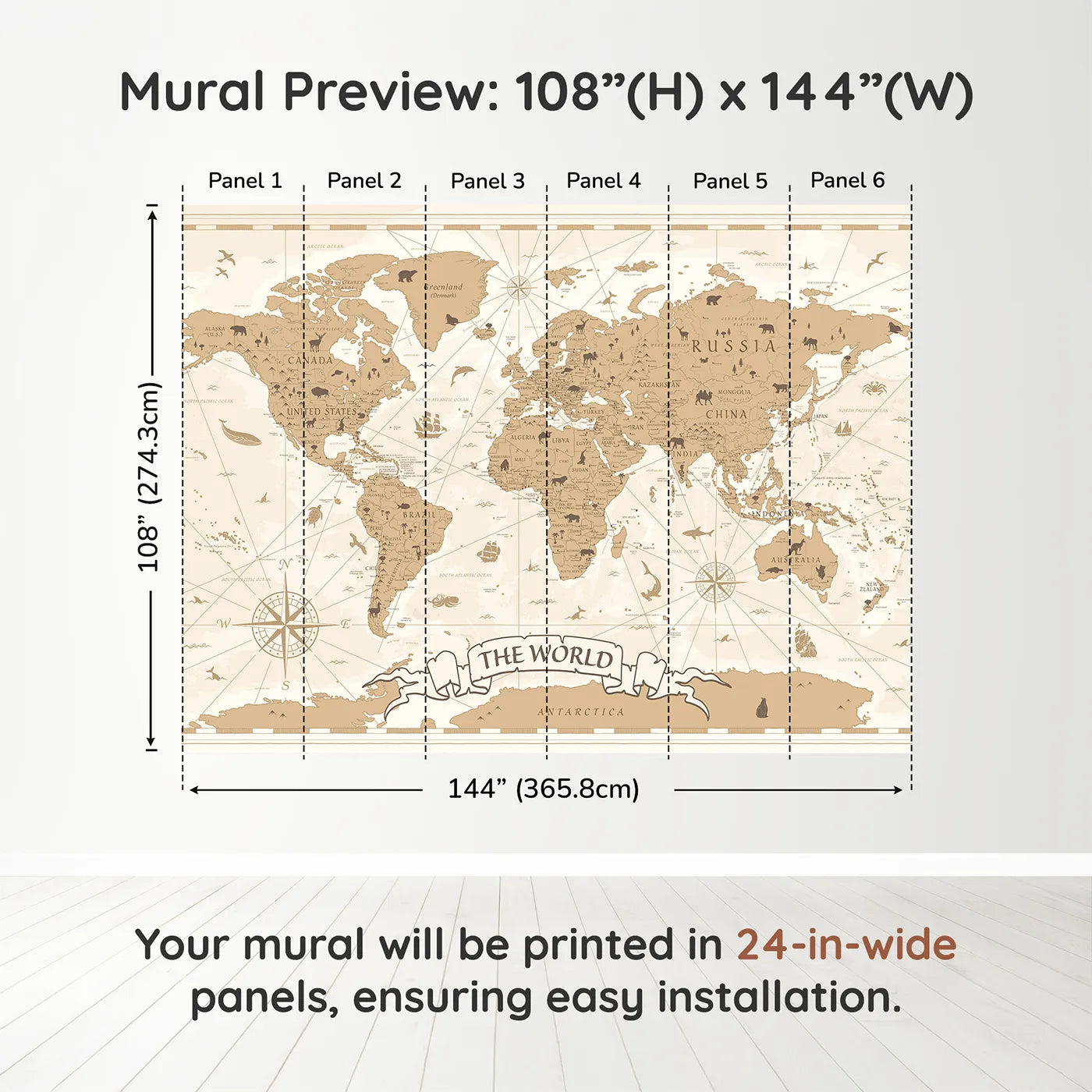 Whimsy Tots Vintage World Map Wall Muraldimension view (108" H x 144" W). Printed in six 24-inch-wide panels. Gender-Neutral