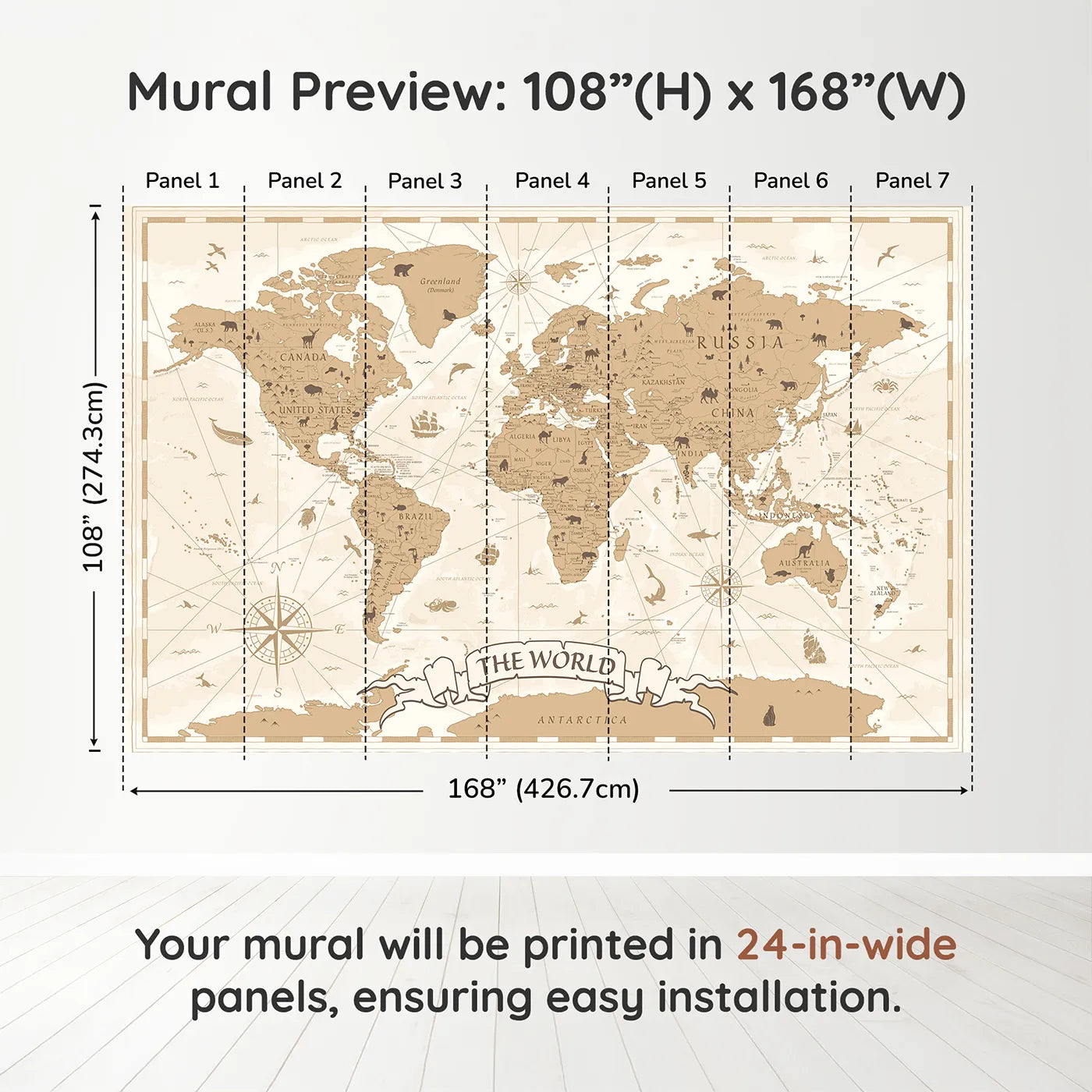 Whimsy Tots Vintage World Map Wall Muraldimension view (108" H x 168" W). Printed in seven 24-inch-wide panels. Gender-Neutral