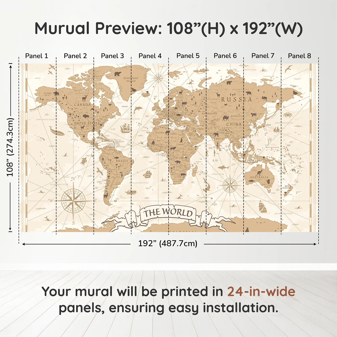Whimsy Tots Vintage World Map Wall Muraldimension view (108" H x 192" W). Printed in eight 24-inch-wide panels. Gender-Neutral