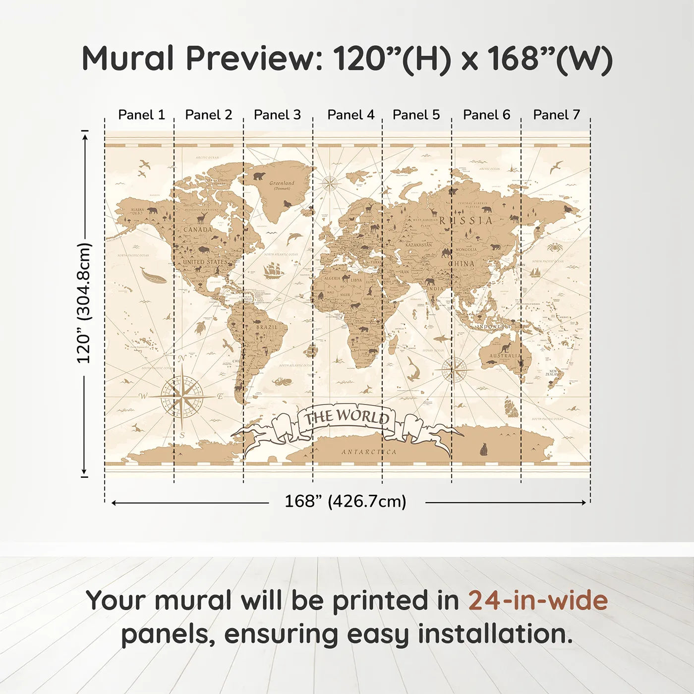Whimsy Tots Vintage World Map Wall Muraldimension view (120" H x 168" W). Printed in seven 24-inch-wide panels. Gender-Neutral