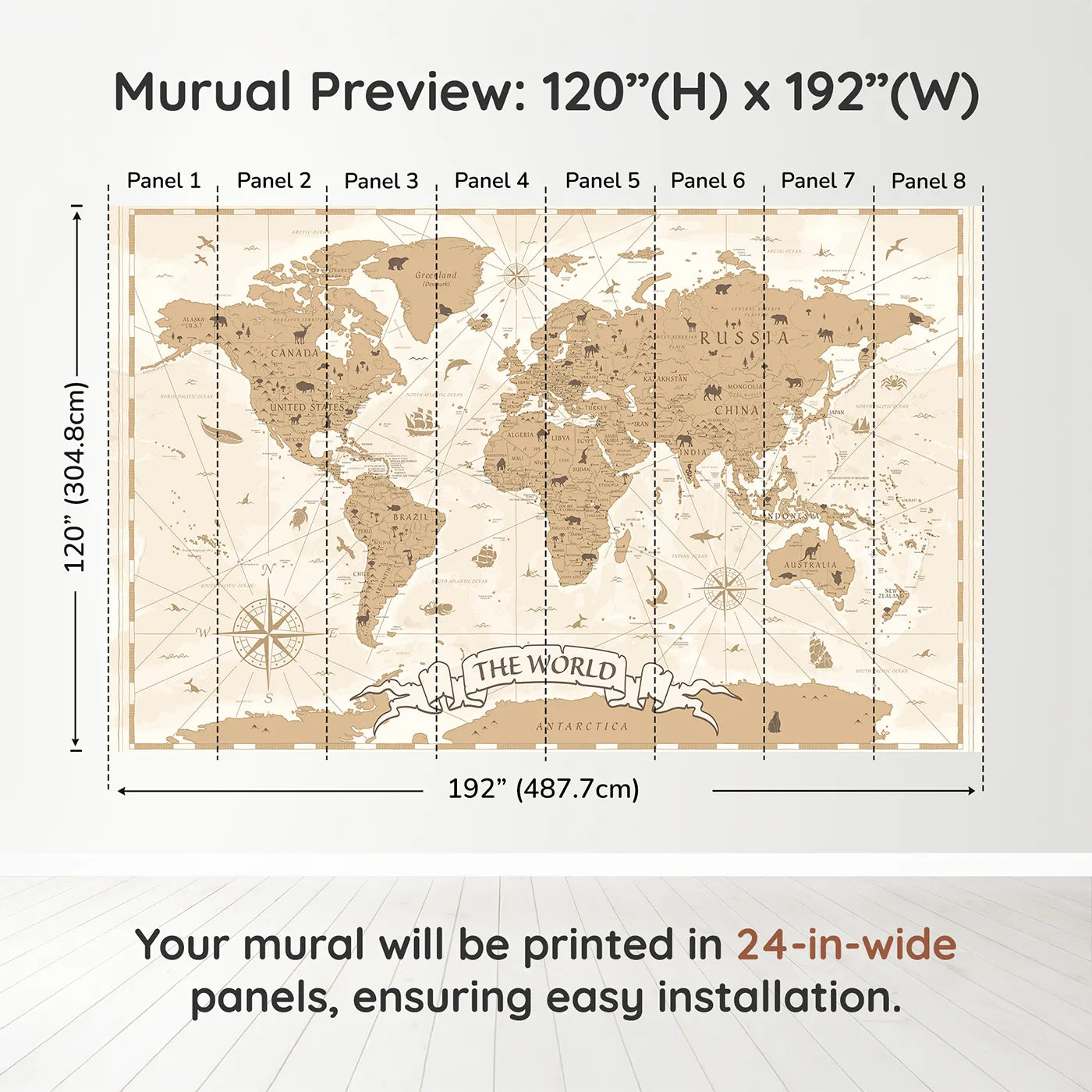 Whimsy Tots Vintage World Map Wall Muraldimension view (120" H x 192" W). Printed in eight 24-inch-wide panels. Gender-Neutral