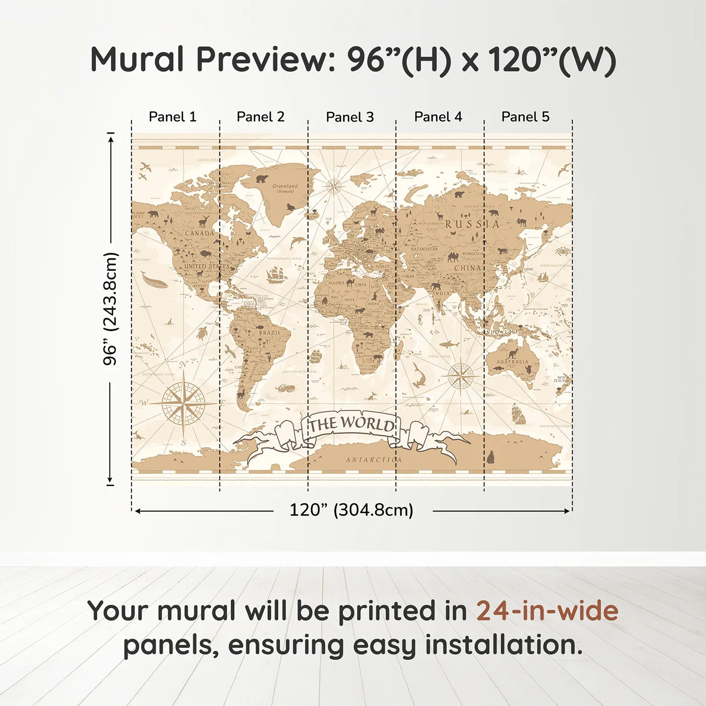 Whimsy Tots Vintage World Map Wall Muraldimension view (96" H x 120" W). Printed in five 24-inch-wide panels. Gender-Neutral