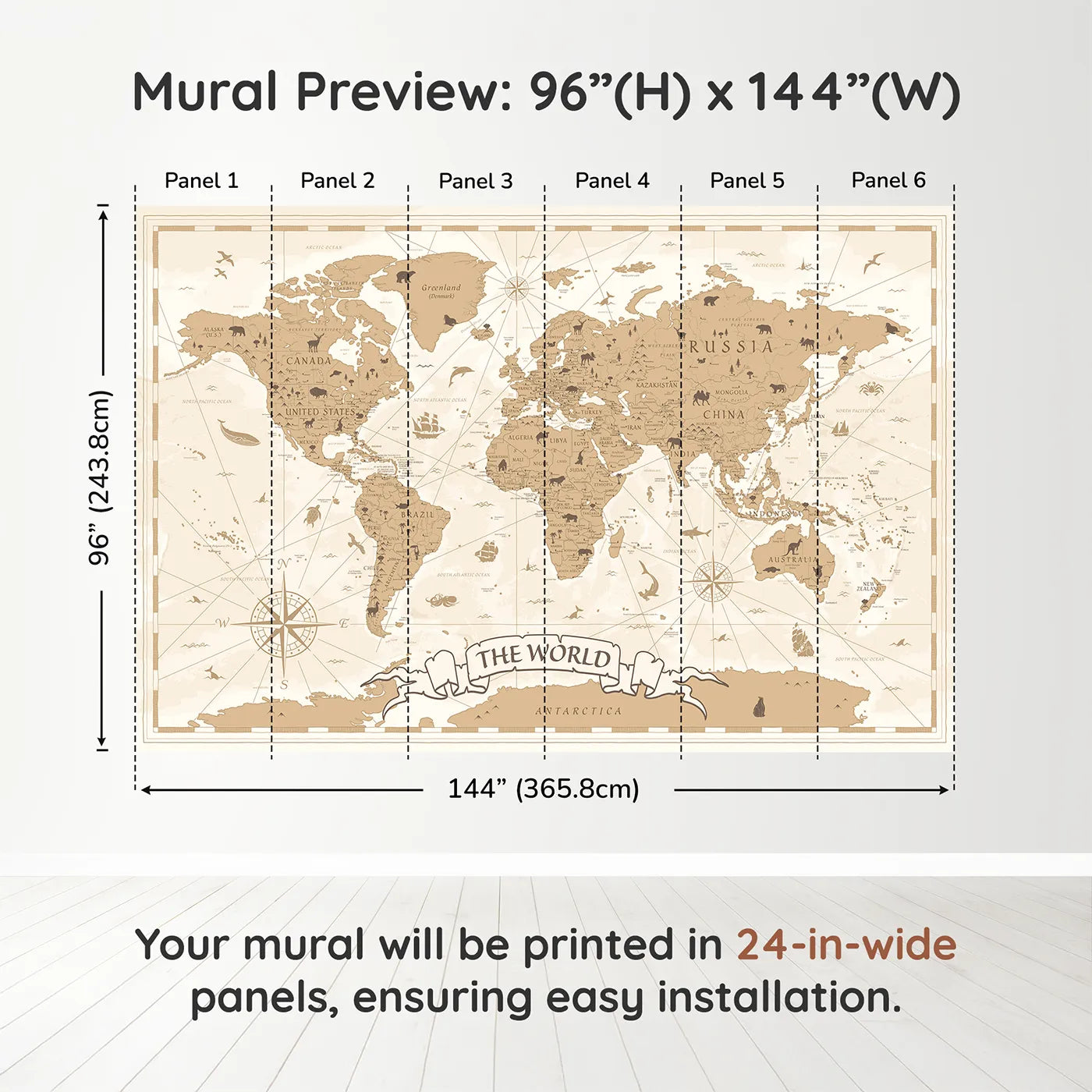 Whimsy Tots Vintage World Map Wall Muraldimension view (96" H x 144" W). Printed in six 24-inch-wide panels. Gender-Neutral
