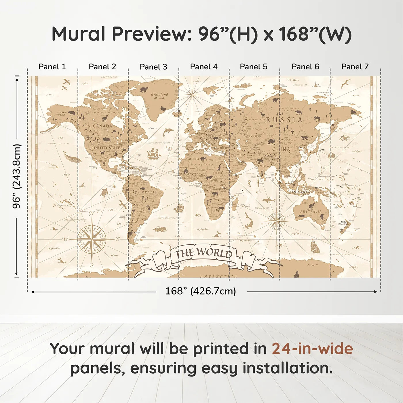 Whimsy Tots Vintage World Map Wall Muraldimension view (96" H x 168" W). Printed in seven 24-inch-wide panels. Gender-Neutral
