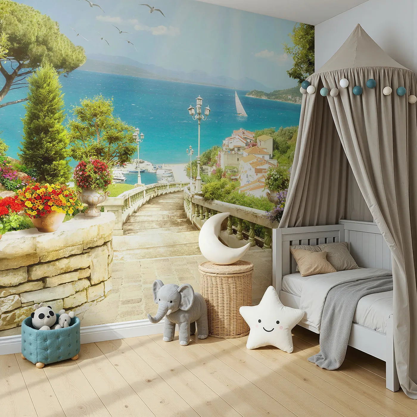 Angled view of Whimsy Tots' Mediterranean Steps Wall Mural (Turn Their Room into a Sunny, Seaside Escape).Gender-Neutral