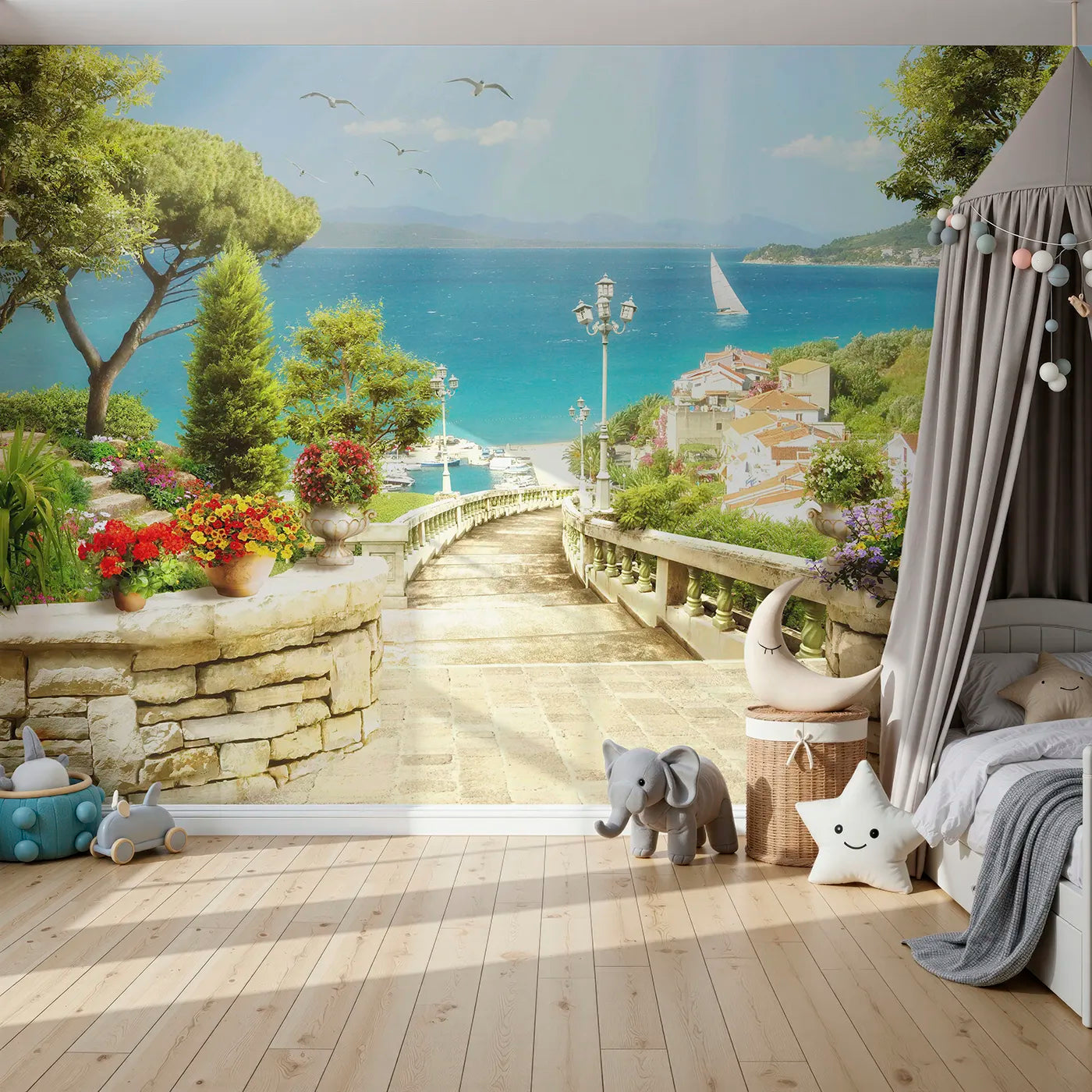 Front view of Whimsy Tots' Mediterranean Steps Wall Mural