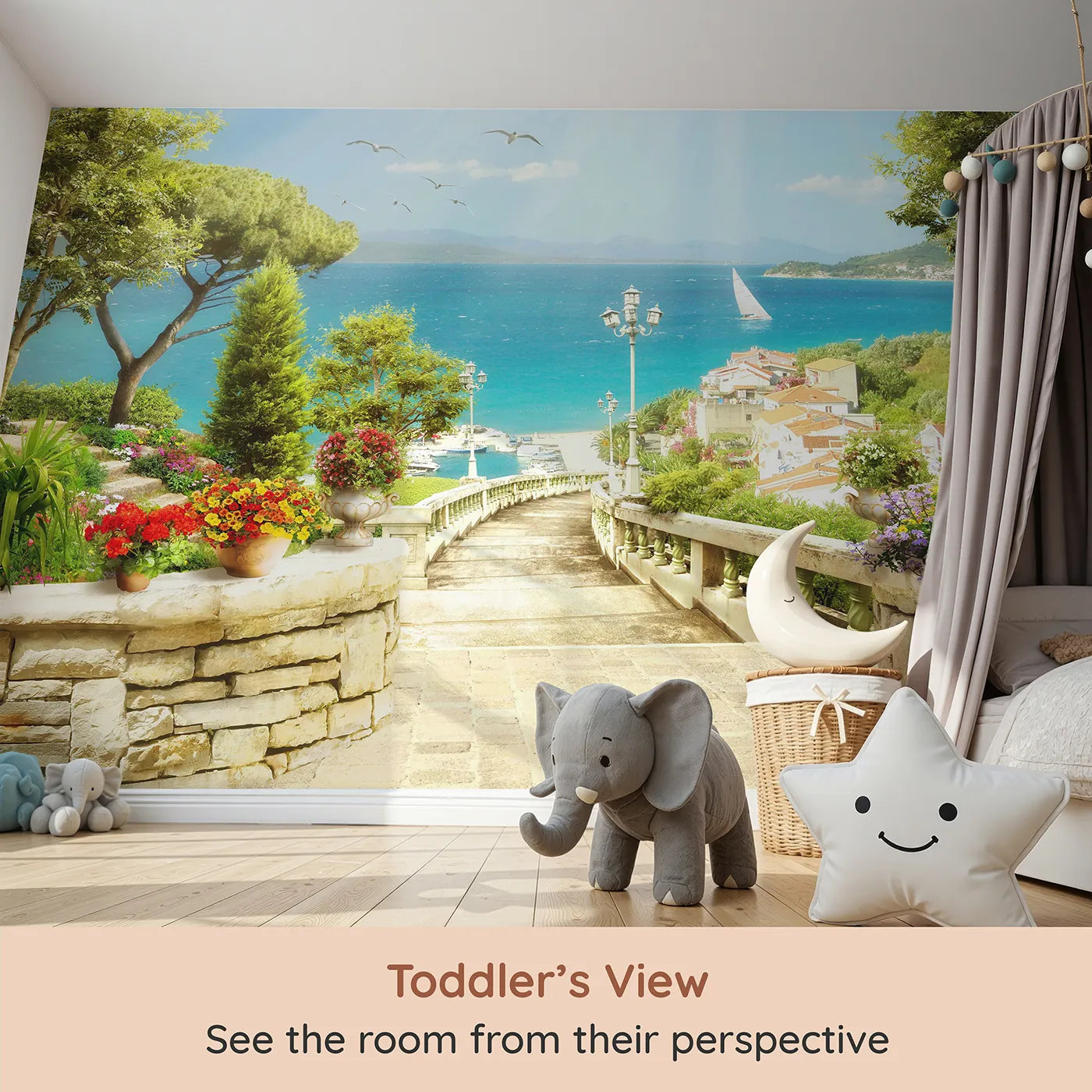 Whimsy Tots Mediterranean Steps Wall Mural (Turn Their Room into a Sunny, Seaside Escape) from your child's view.Gender-Neutral