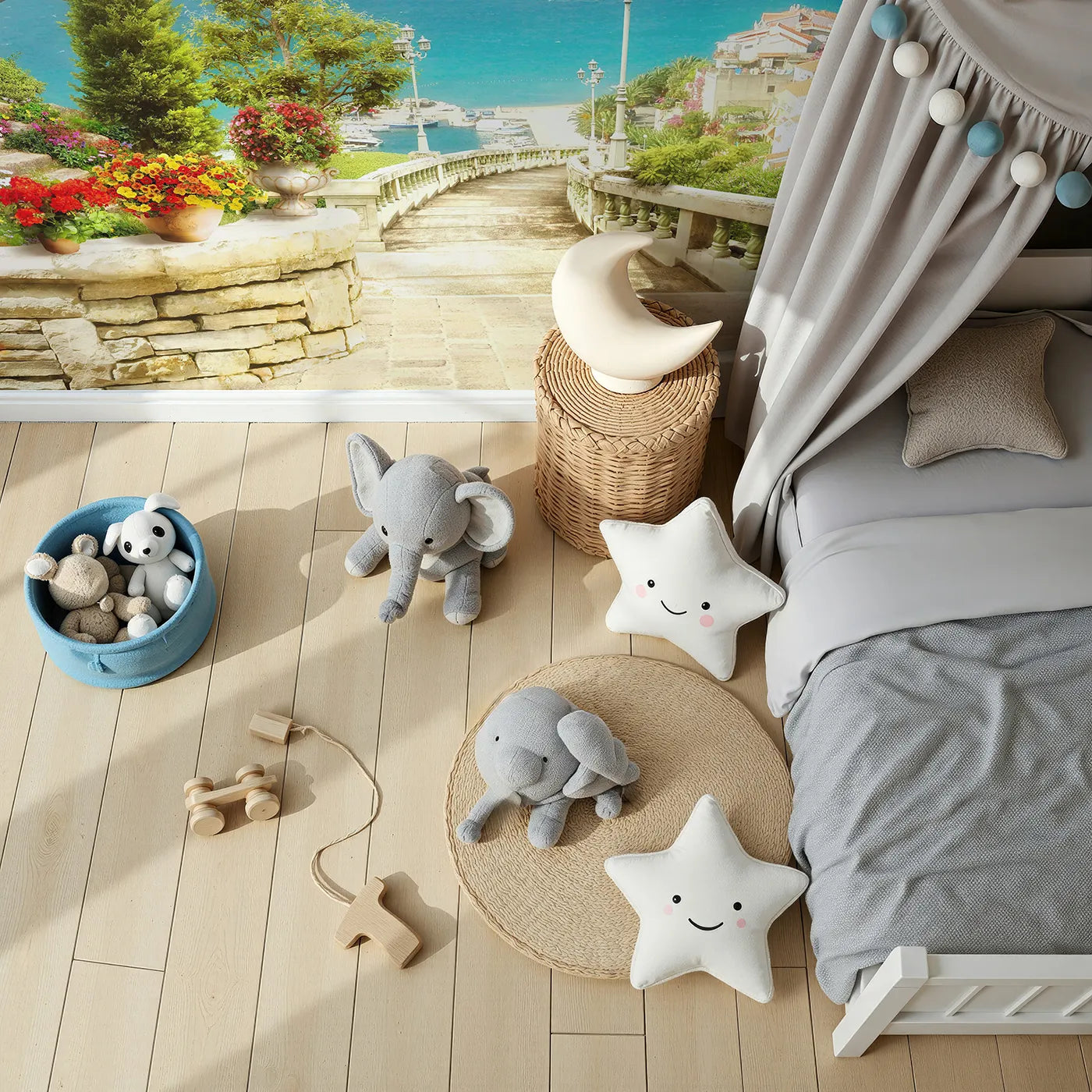 Top-down view of Whimsy Tots' Mediterranean Steps Wall Mural (Turn Their Room into a Sunny, Seaside Escape).Gender-Neutral