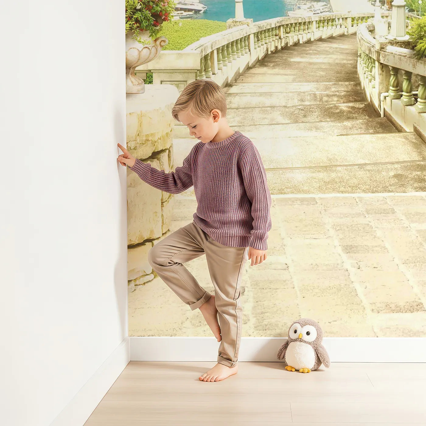 Child in front of Whimsy Tots Mediterranean Steps Wall Mural with mediterranean, sea, coast, italy, greece, summer, flower, boat in design.