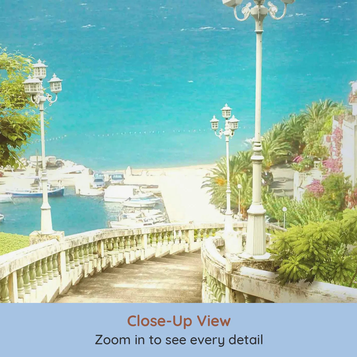 Close-up view of Whimsy Tots' Mediterranean Steps Wall Mural (Turn Their Room into a Sunny, Seaside Escape).Gender-Neutral