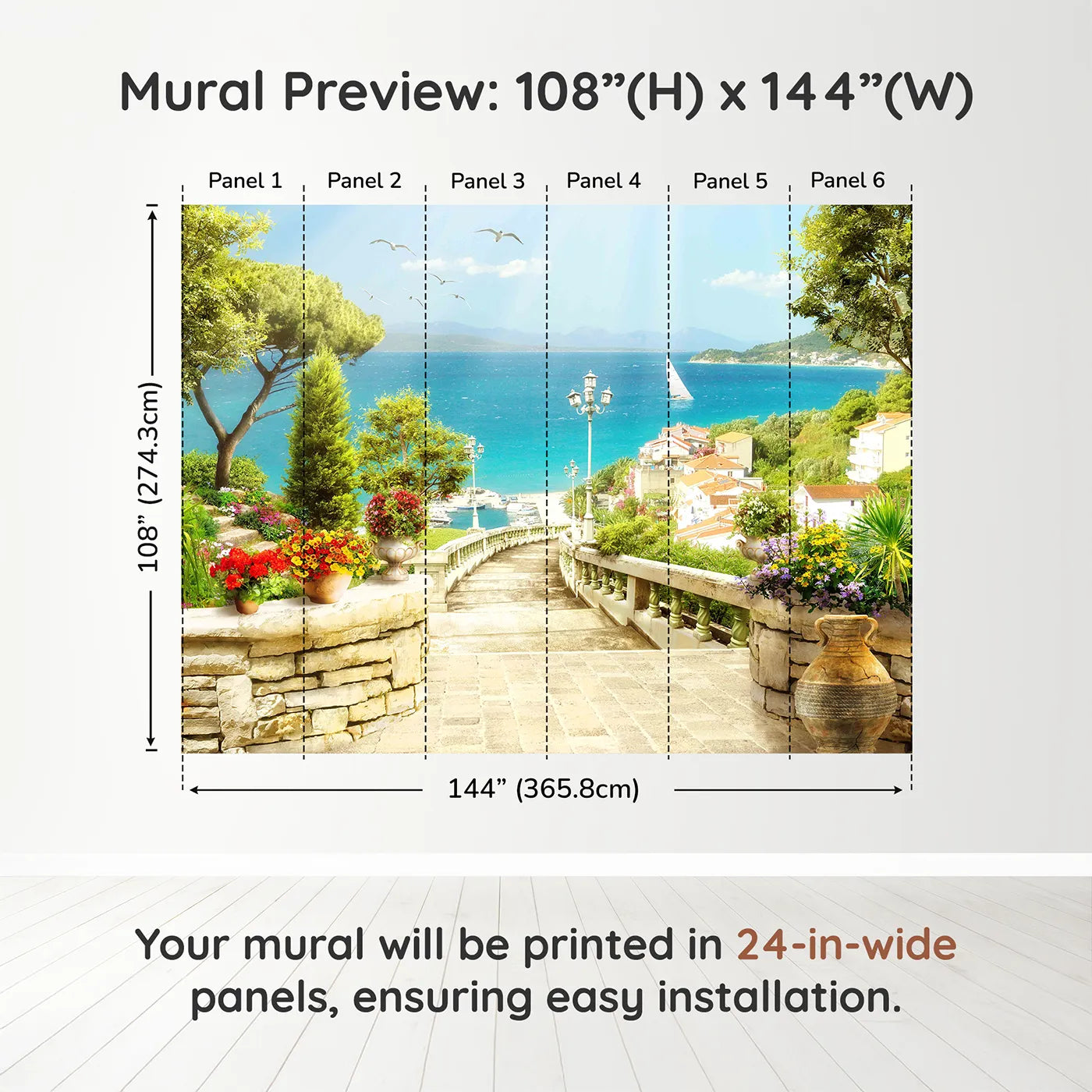 Whimsy Tots Mediterranean Steps Wall Muraldimension view (108" H x 144" W). Printed in six 24-inch-wide panels. Gender-Neutral