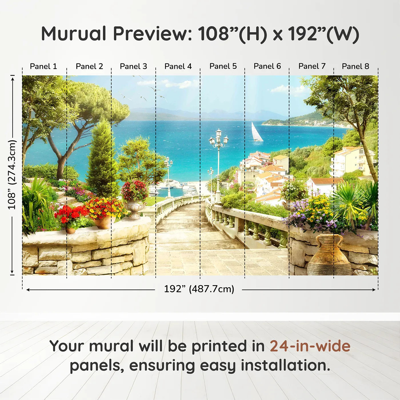 Whimsy Tots Mediterranean Steps Wall Muraldimension view (108" H x 192" W). Printed in eight 24-inch-wide panels. Gender-Neutral